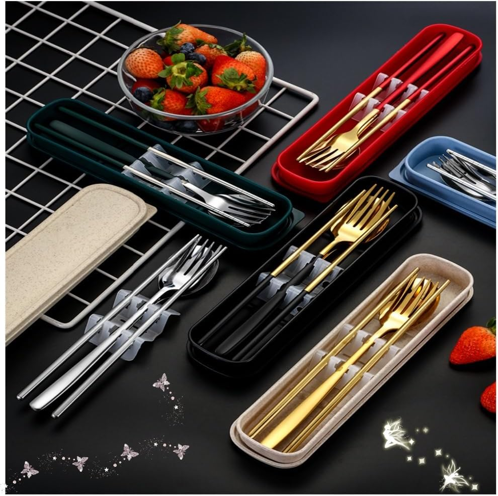 Jindizi 2 Set Portable Cutlery Set with Case Include Fork Spoon Chopsticks, Portable Travel Utensil Set, Reusable Stainless Steel Camping Utensils Set, Lunch Cutlery Set for Work School (Silver+Black) image number 3