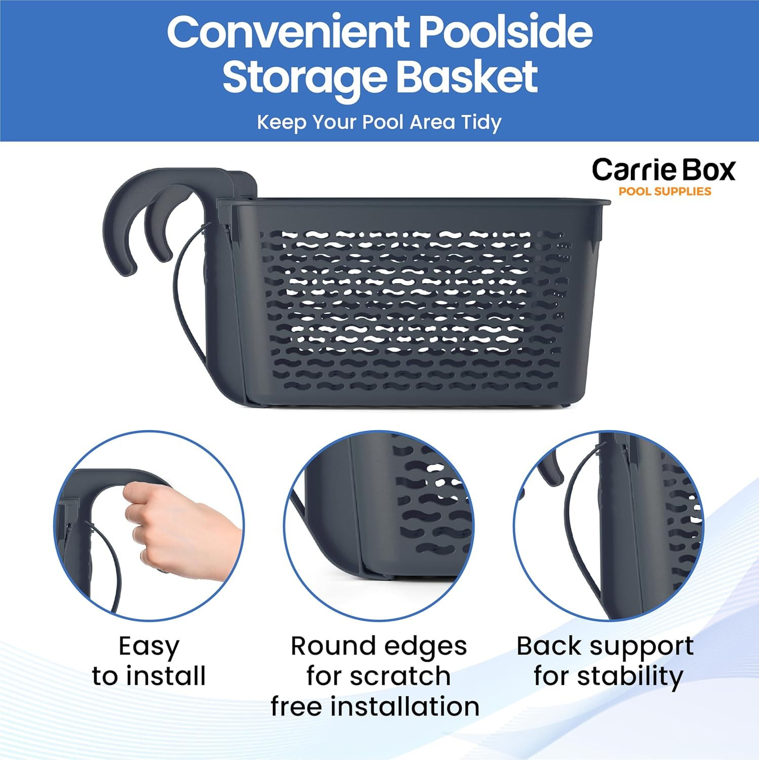 Carrie Box Poolside Storage Basket, Recycled Plastic, Pool Cup Holder, above Ground Accessories, for Most Frame Pools, Europe Made, Fits 2.3 Inch or Less Top Bar Charcoal - Blue image number 3