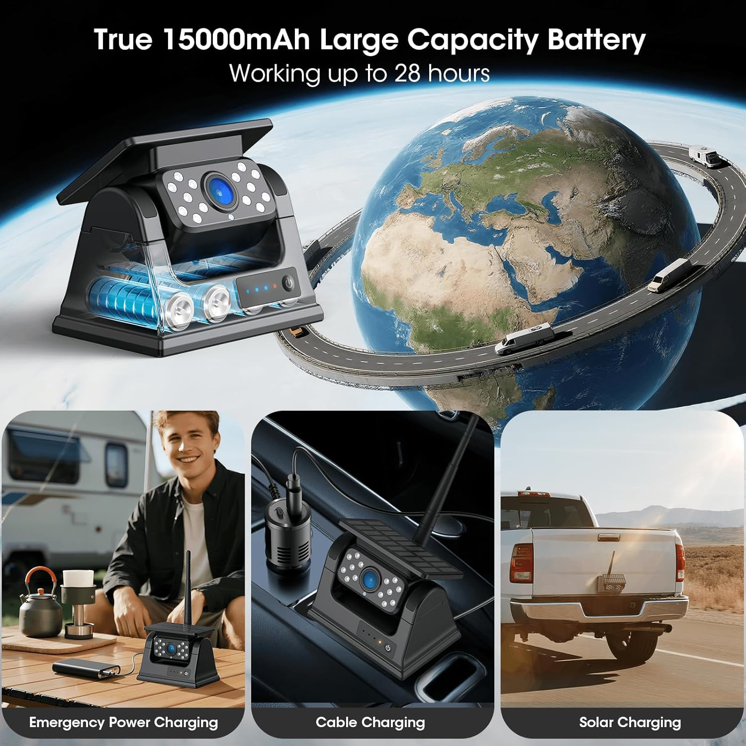 4 Magnetic Solar Wireless Backup Camera System: Easy Setup Trailer Camera Wireless with HD1080P 10.1" IPS Touchscreen 15,000Mah Rechargeable Camera for Truck,Tractor,Excavator,Caravan,Skid Steer image number 3