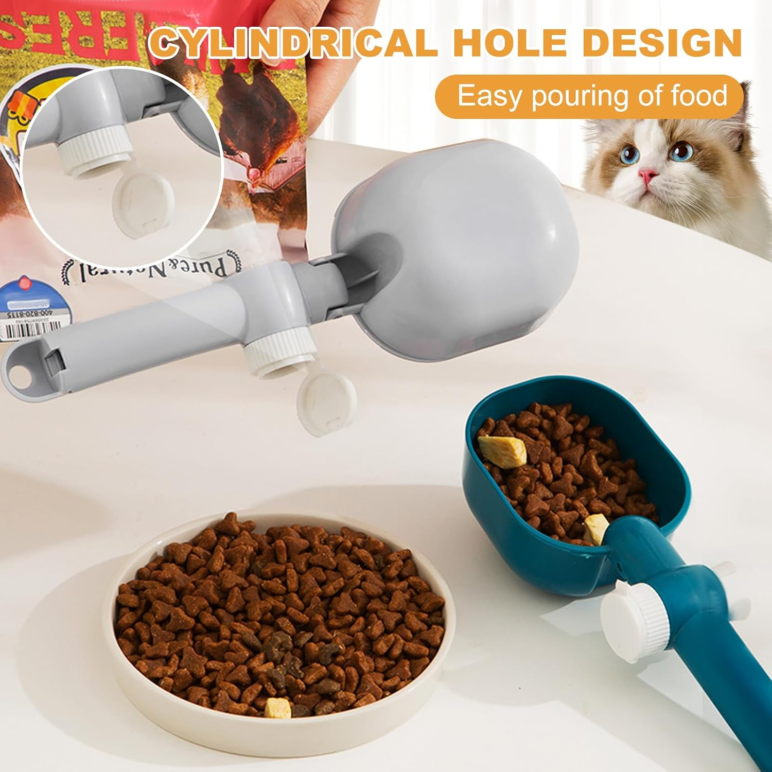 2 Pack Pet Food Scoop with Bag Sealing Clip, Dual-Use Design, Comfortable Grip, Kibble Scoop for Both Cat and Dog