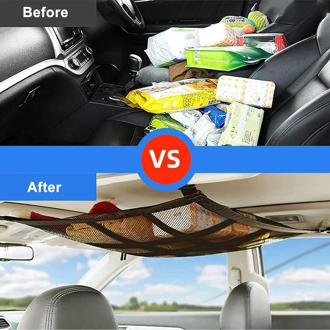 Idopick Car Ceiling Cargo Net Pocket, 80 X 55Cm Nine Grid Mesh Nine SUV Roof Organizer Long Trip Storage Bag,Tent Putting Quilt Towel Sundries Interior Accessories Car Roof Storage Organizer image number 5