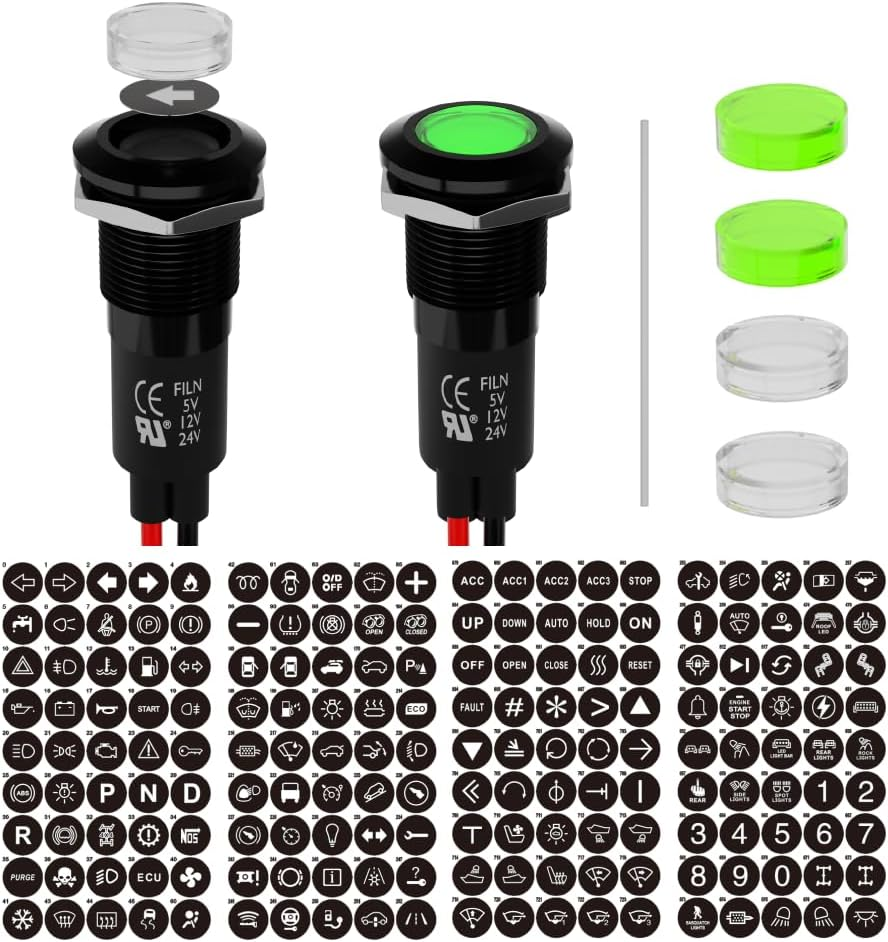 2PCS LED Indicator Lights Includes 180 Replacement Symbols 12V 24V 12Mm Mounting Holes IP67 Waterproof Metal Pilot Lights for Cars Boats Industrial Panels Dashboards(Red LED Light)