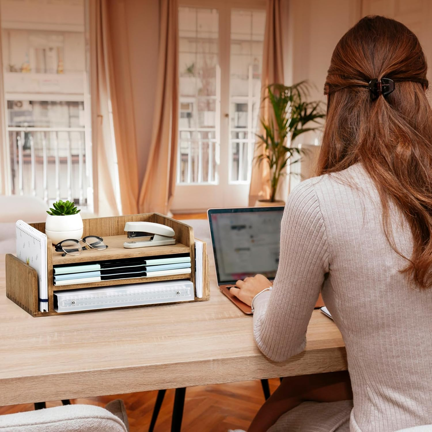 Kirigen Wood Desk Organizer 5 Trays - Desktop Document Letter Tray for Folders, Mail,File -Nature 3-Tier Office Mail Sorter Organizer Rack/Telephone Stand/Document Holder Dark Brown(2Tp-Dbr) image number 3