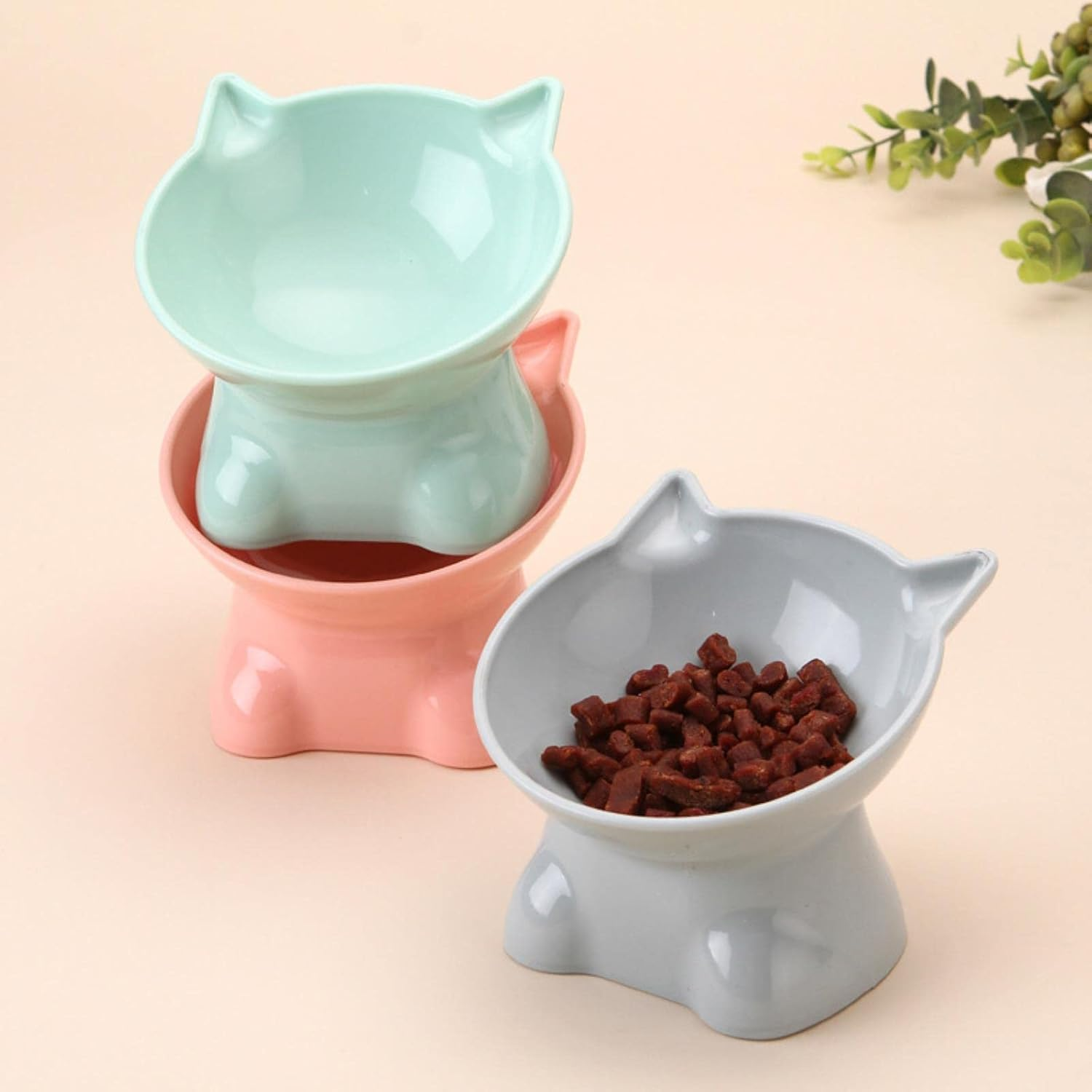 Scandinavian Style Pet Bowl to Protect the Cervical Vertebrae Kneeling High Cat Bowl Plastic Double Ear Slant Mouth Cat Food Bowl Dog Bowl-Blue Gray image number 3