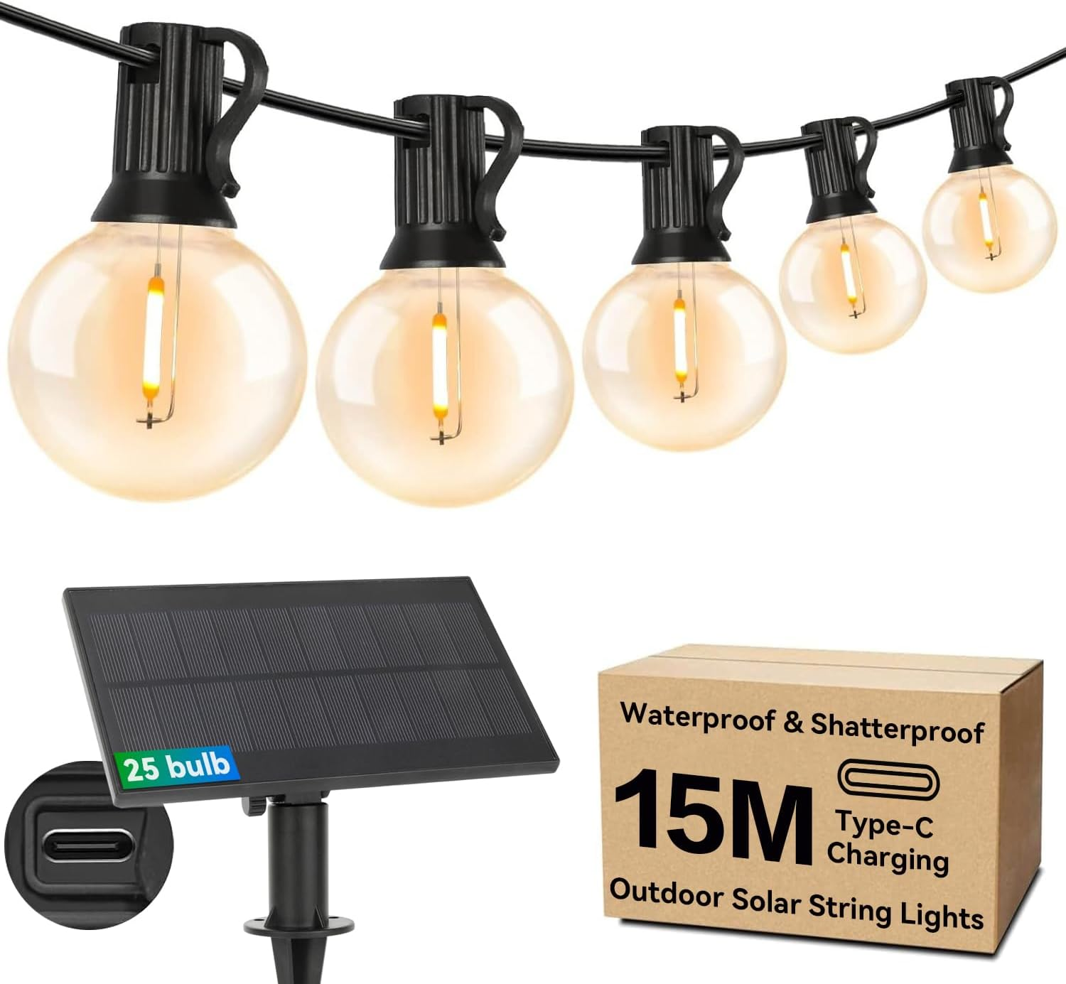 Roccar Solar String Lights Outdoor,15M Solar Festoon Lights Outdoor with 25+1 Shatterproof Waterproof Bulbs,Outdoor Solar Fairy Lights for Patio Porch Garden Backyard Pergola Bistro image number 6