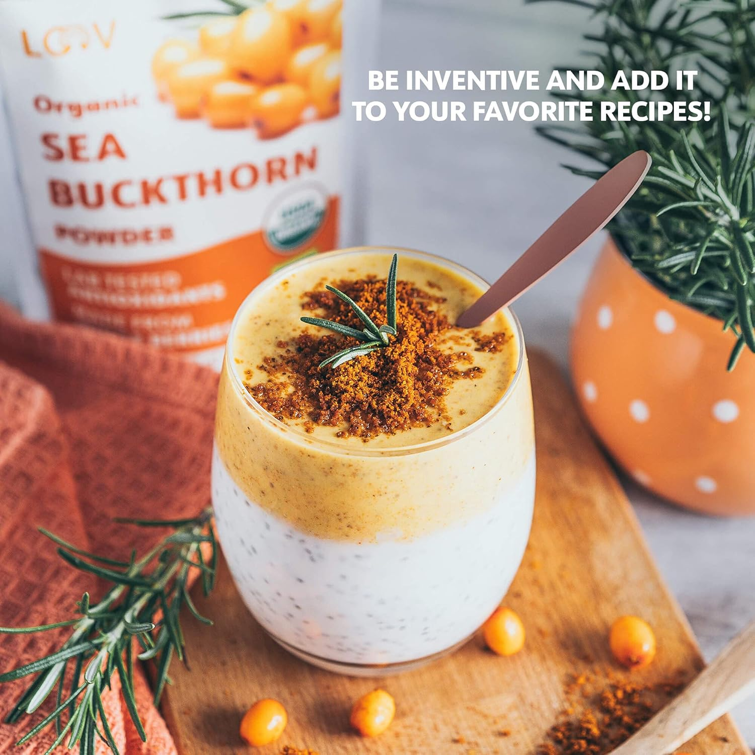 LOOV Organic Sea Buckthorn Powder, High in Fiber, Made from 100% Whole Berries, 4 Ounces, Grown in Nordic Climate, Rich in Omega Blend, Vitamin C, Vitamin E, 23-Day Supply, No Added Sugar, Non-Gmo