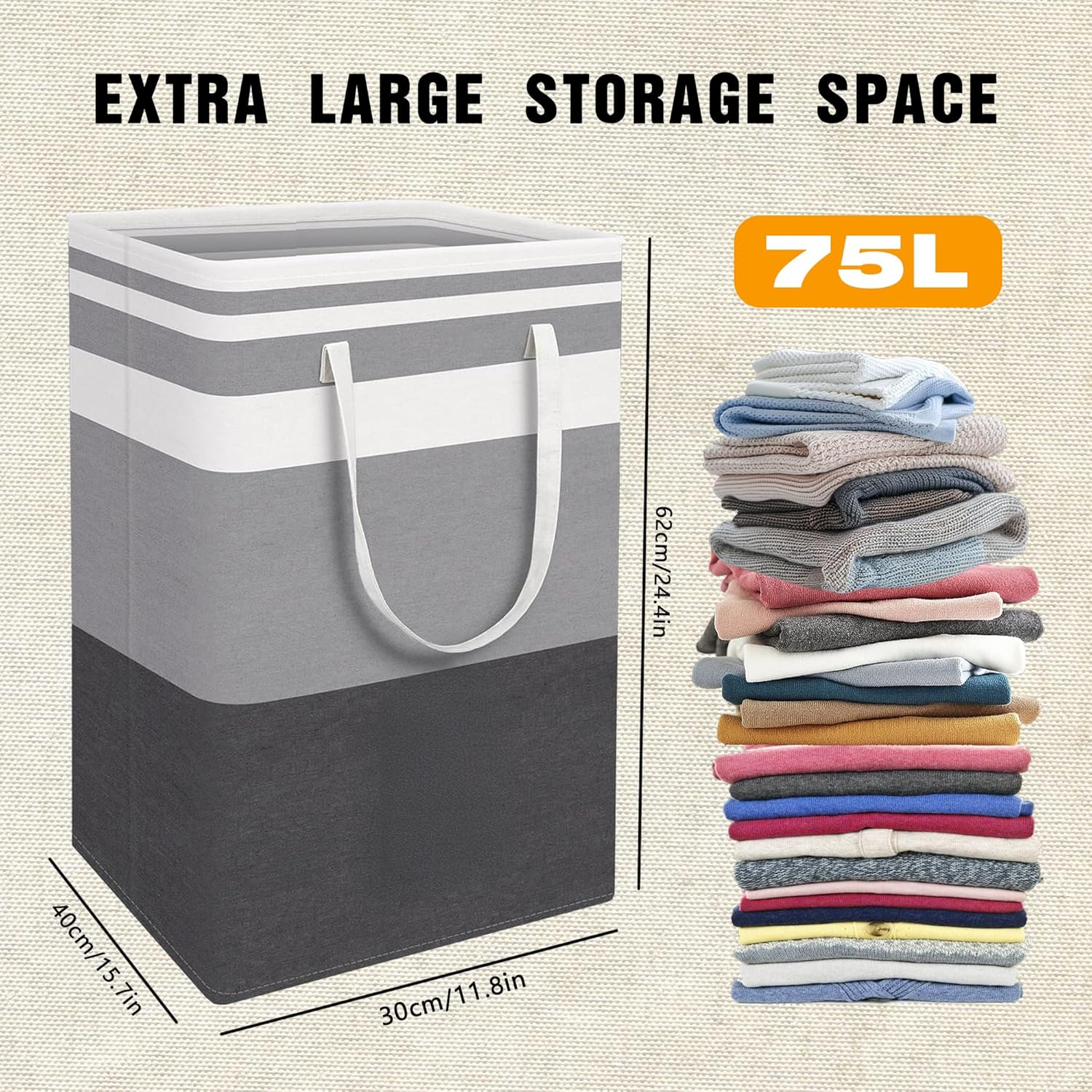 3-Pack Large Laundry Basket, Waterproof, Freestanding Laundry Hamper, Collapsible Tall Clothes Hamper with Extended Handles for Clothes Toys in the Dorm and Family（75L） image number 3