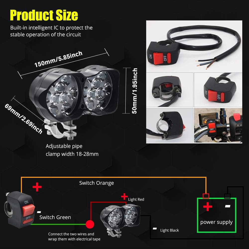 HENLIX Motorcycle Driving Lights 3000LM Super Bright 18SMD Chips Sport Lights Waterproof for Cars ATV Bike Yamaha UTV Truck Boat Dc9-85V,Xenon White.(1-Pack). image number 6