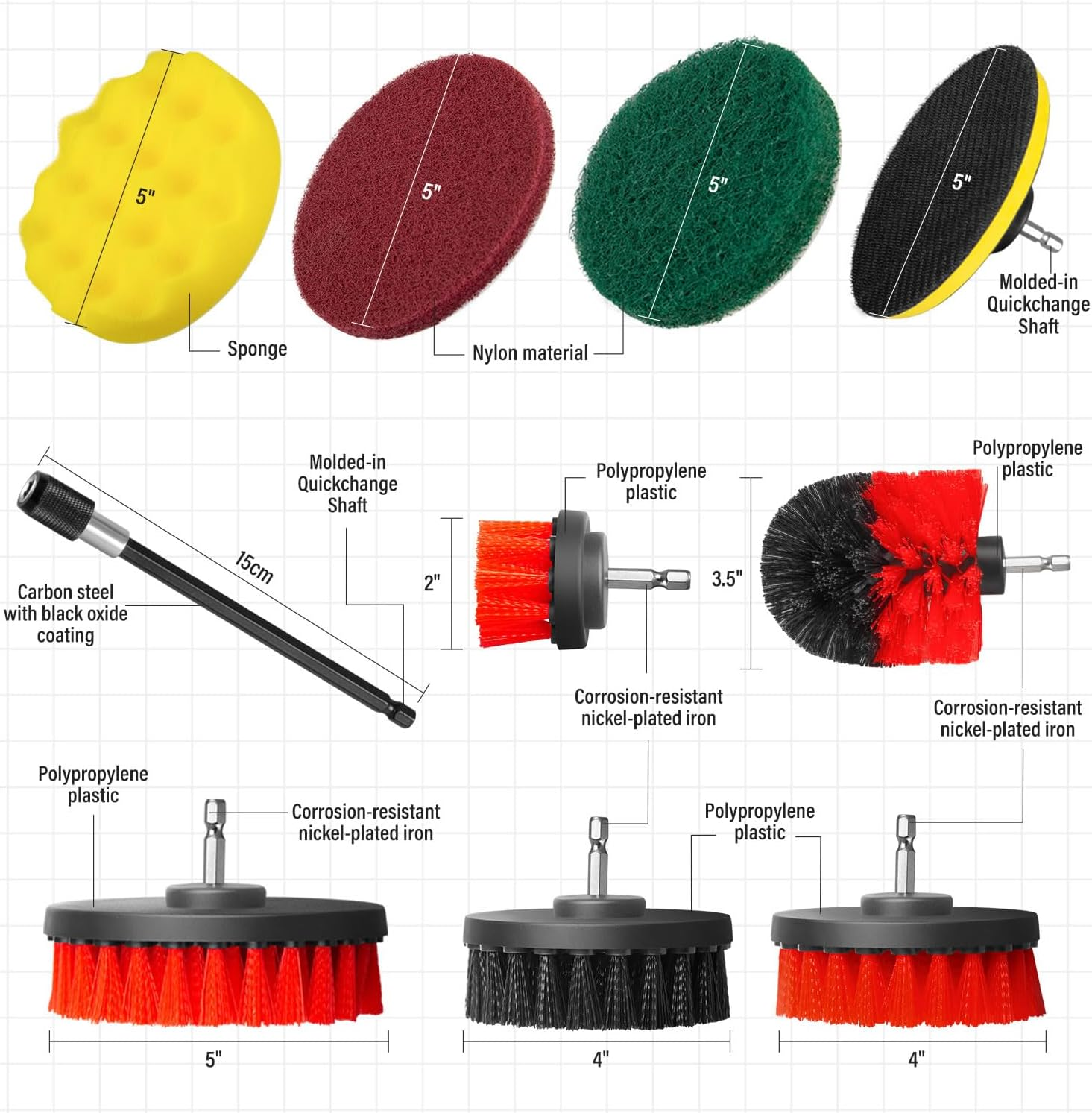 TOPEX 14-Piece Drill Brush Attachment Kit, 2-In-1 Clean & Polish Power Scrubber Set for Scrubbing- Multi Surface Use on Household, Auto Detailing with Assorted Brushes, Pads & Extension Rod image number 5