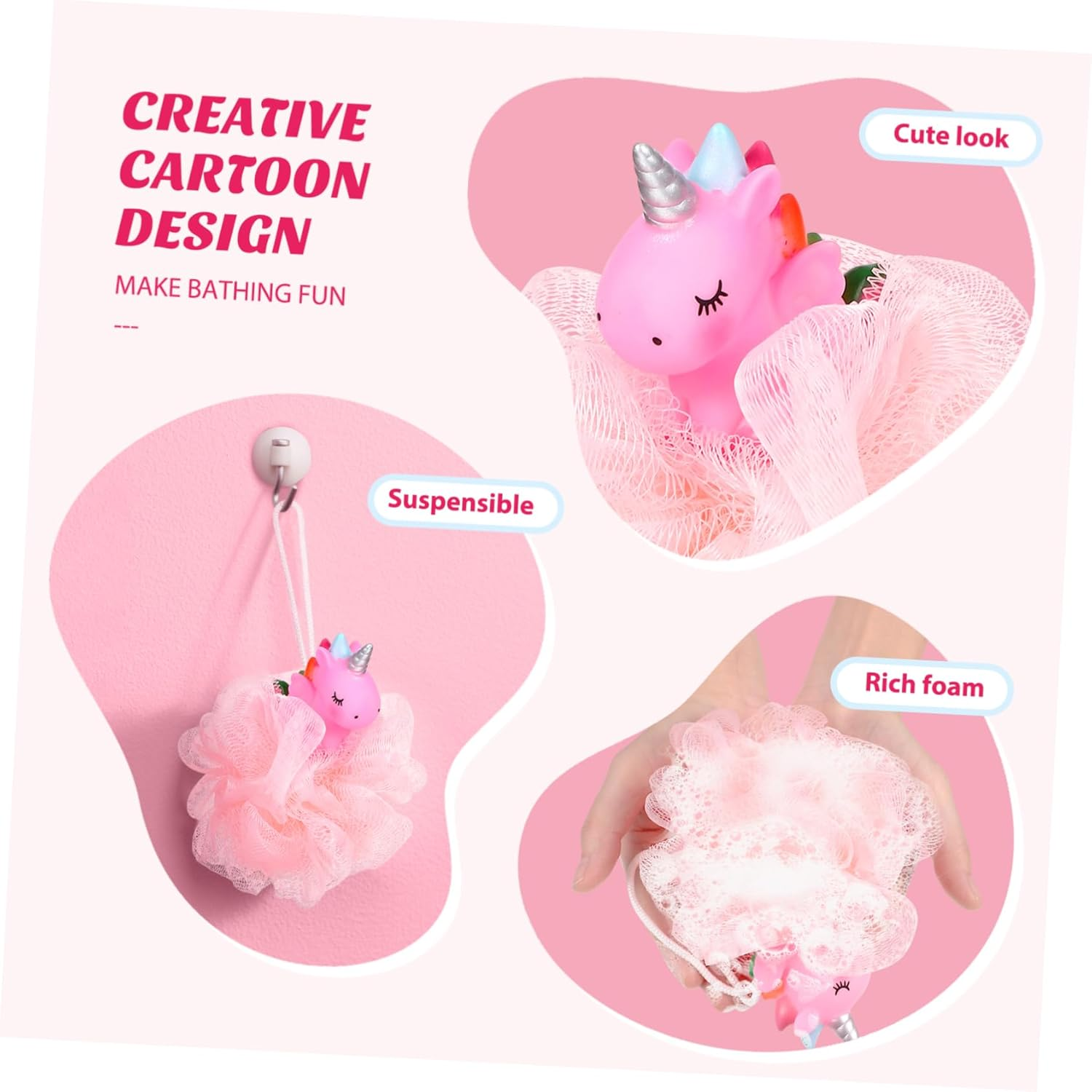 Lurrose 2Pcs Unicorn Shower Loofah Exfoliating Mesh Shower Ball Pouf Kids Bath Sponge Body Cleaner Deep Cleaning Loofah Bath Sponge