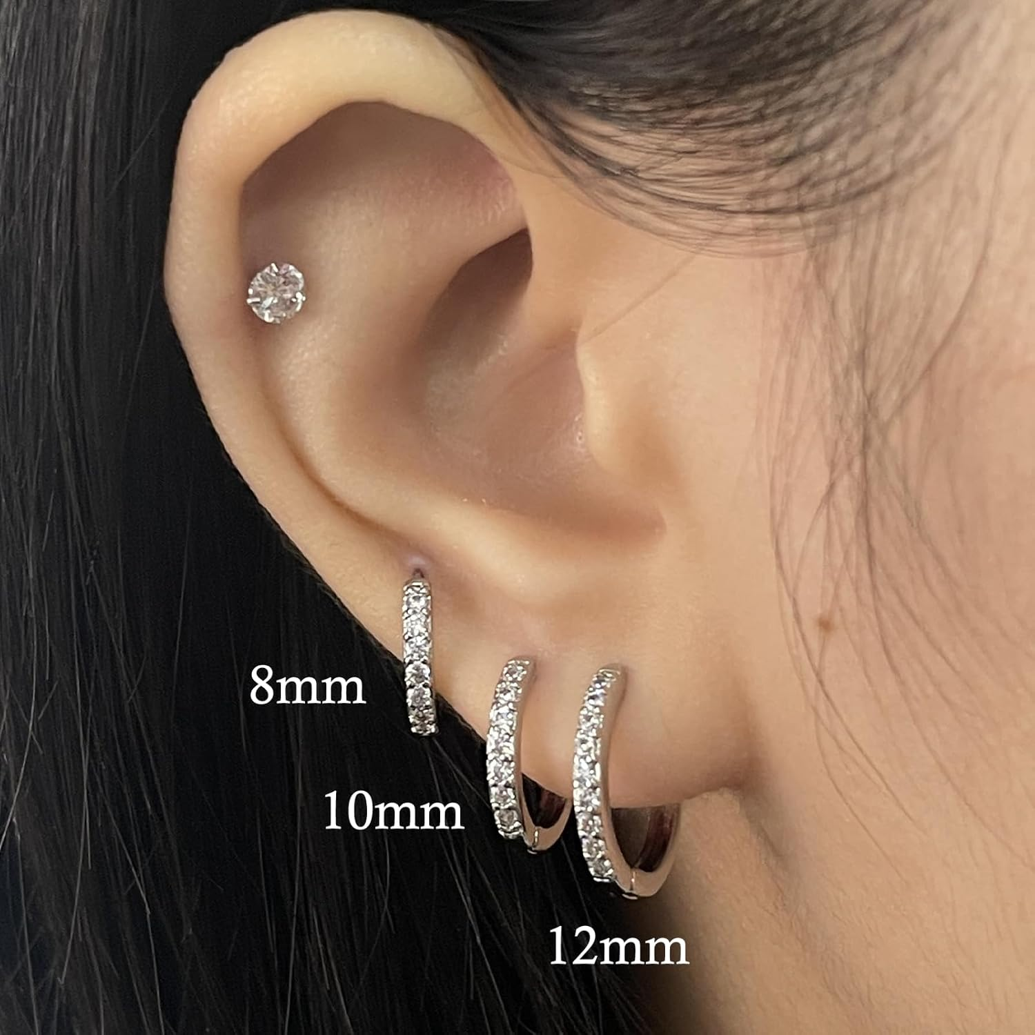 3 Pairs Sterling Silver Small Hoop Earrings Tiny Cartilage Earring Cubic Zirconia Cuff Huggie Earrings Mini Hoops Earrings Piercing for Women Girls - 5 Hoop-8/10/12Mm And Stud-2/3/4Mm image number 5