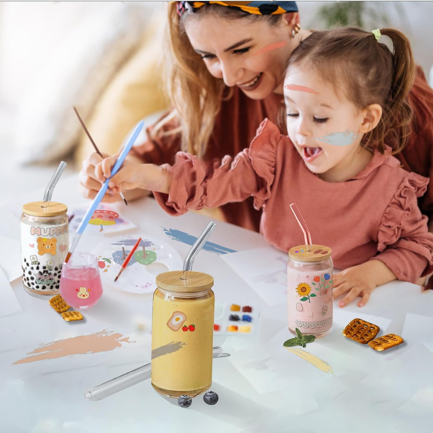 TFMOJHST 4Pcs Drinking Glasses with Bamboo Lids and Glass Straw-16 Oz Iced Coffee Glasses with Lids and Straws, Can Glass Cups Used for Beer/Milk/Soda Boba Etc.Include Can Glasses Cleaning Brushes image number 3