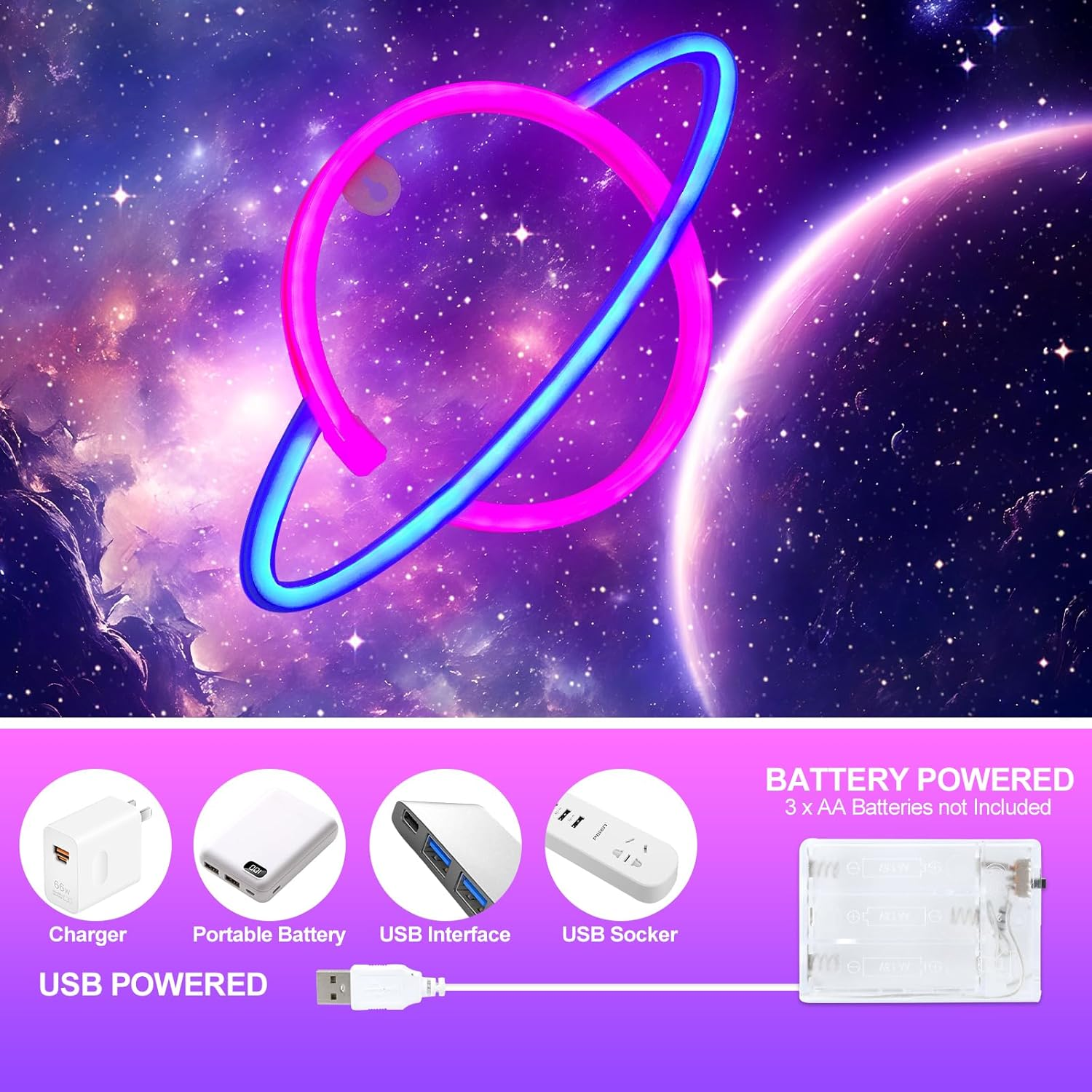 Gpurplebud Planet Neon Sign, Wall Decor Led Lights Home Decoration(Blue&Pink) image number 3