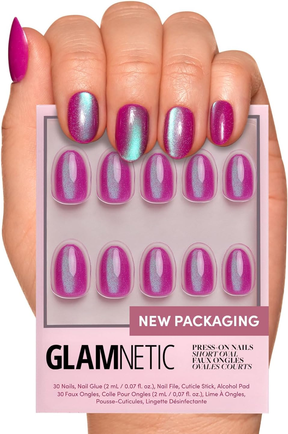 Glamnetic Reusable False Nails - Fairy Dust | Beige Pink Short Oval Nails with Fascinating Metallic Finish | 15 Sizes - 30 Nail Kits with Glue