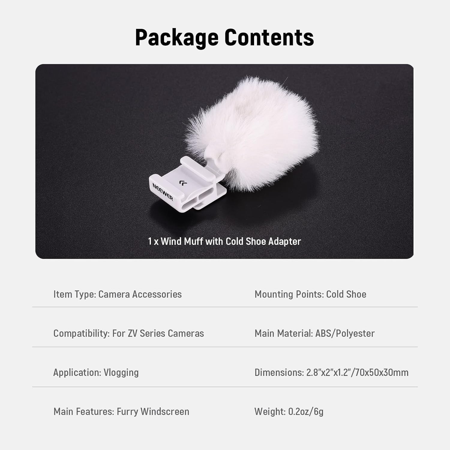 NEEWER Cold Shoe Wind Muff for ZV Series Vlog Cameras， Microphone Furry Windscreen with Cold Shoe Mount Adapter Accessory Compatible with Sony ZV-1F ZV-E10 ZV-1 ZV-E1 ZV-1 II， CA133 White image number 1