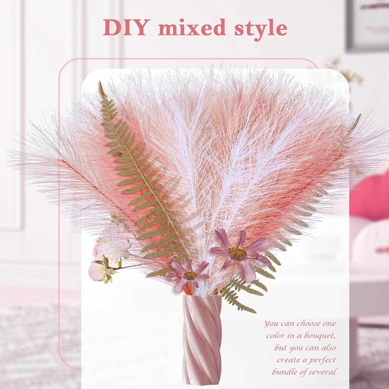 Lenamos 60Pcs Faux Pampas Grass Decor, 21.6"/55Cm Artificial Pompous Grass Floral Fake Pompas Grass Branches Vase Filler Flower Arrangement for Home Wedding Boho Decor (White & Blush & Pink) image number 4