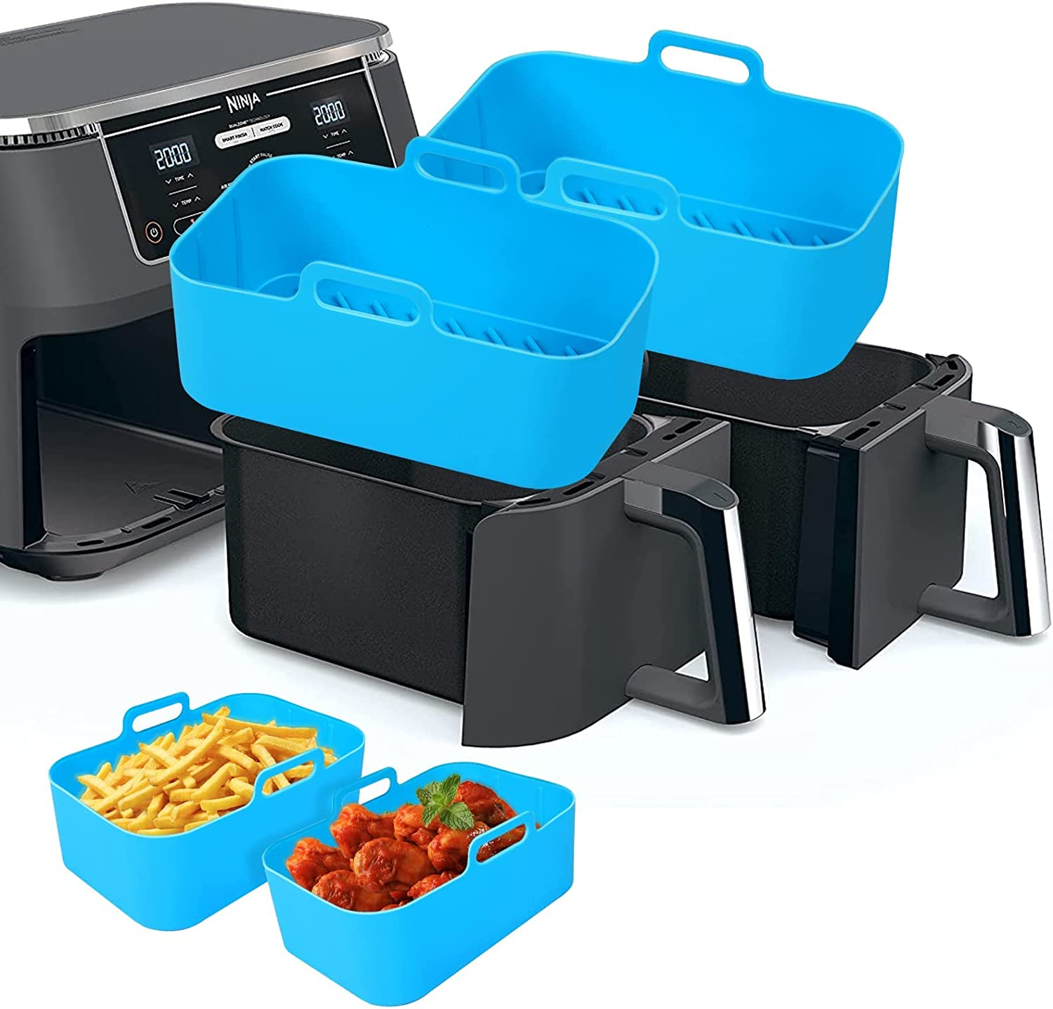 Eslotre Air Fryer Silicone Pot with Handle, 2 Pack 8In Reusable Silicone Air Fryer Liners, Food Safe, Dishwasher Safe, Grey, Oven Accessories, Replacement Parchment Paper Liners for Ninja DZ401