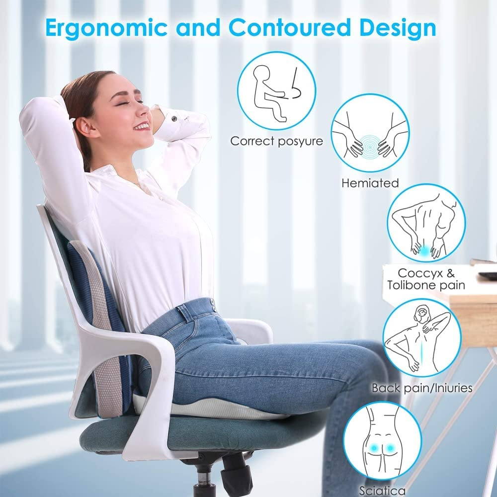 Ergonomic Office Chair Seat Cushion and Lumbar Support Pillow Combo Set, 3D Design, Breathable Cover, Adjustable Straps, Ideal for Low Back Pain Relief and Long Sitting Hours, Navy image number 4