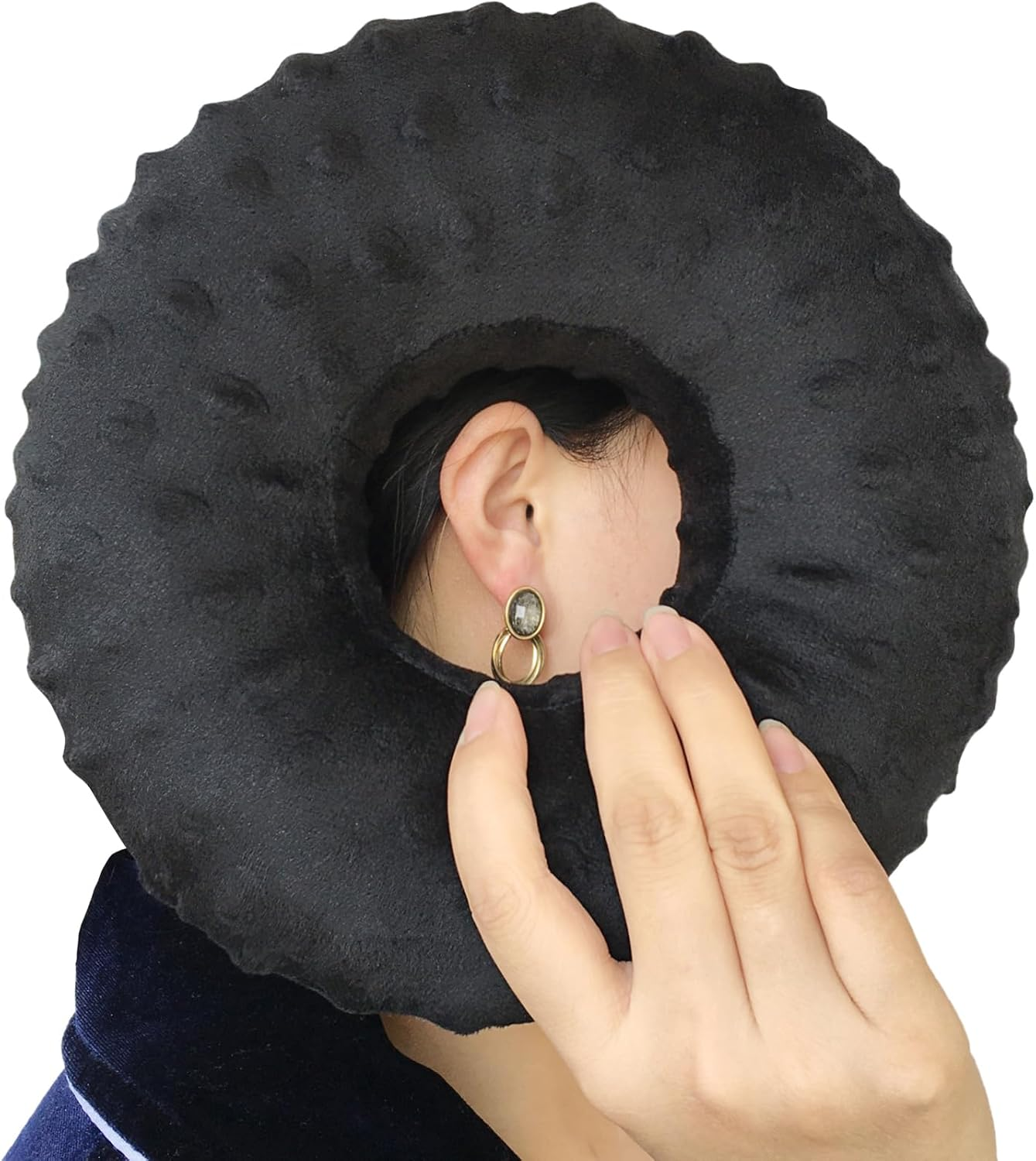 Piercing Pillow Ear Pillows Donut with Hole for Ear Pain CNH, Pain Relief Sleeping, Pressure Sore, Side Sleepers, Headphones Minky Dot Black image number 3