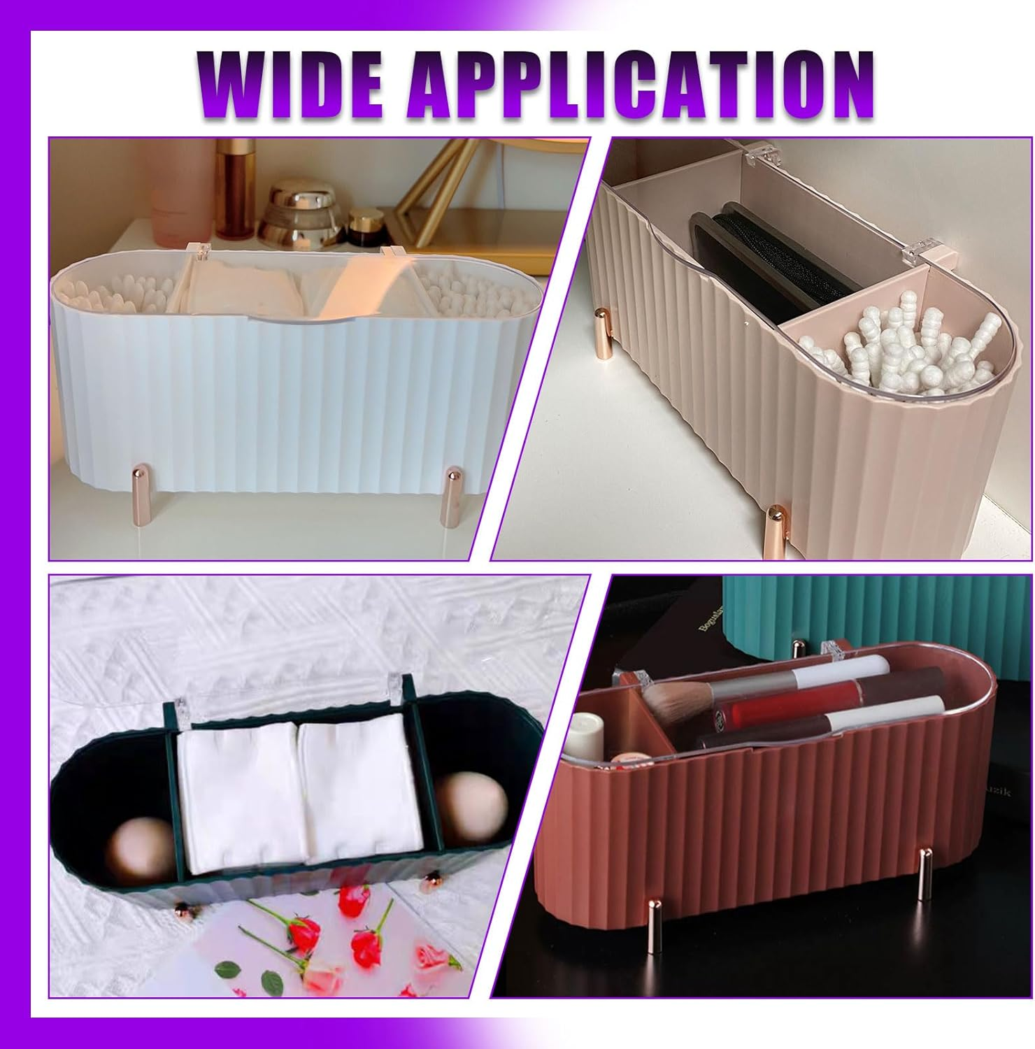 Swpeet 1 Pack 3 Grids White Plastic Separate Cotton Swabs Dispenser with Detachable Partition, Cotton Ball Holder with Clear Lid, Jar for Cotton Pads Bathroom Organizer Canisters image number 2