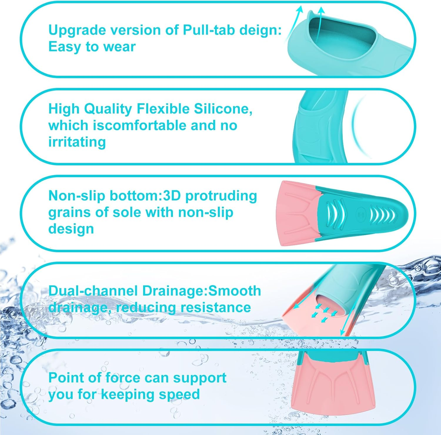 Nagiee Swim Fins, Kids Swim Flippers for Lap Swimming, Comfortable Silicone Flippers with Mesh Bag, Travel Size Swimming Flippers for Women Youth Adults image number 4