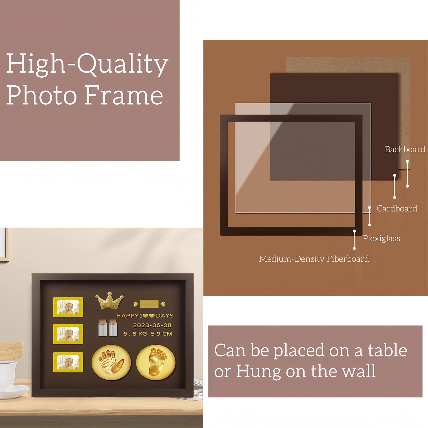 Baby Hand and Footprint Kit with 3 Photo Slots, Golden Ink Pad & Number/Letter Stickers, Non-Toxic Newborn Gift Set for Baby Shower, Nursery Decor, Keepsake Memory Frame image number 1