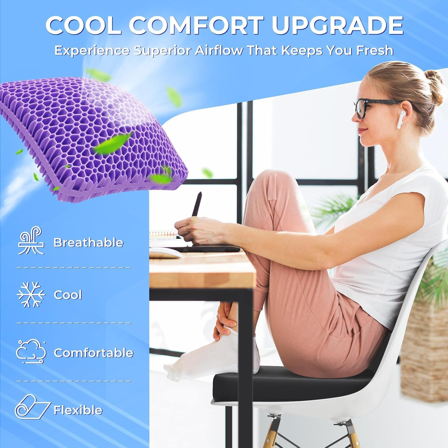Gel Seat Cushion for Long Sitting, Enlarged and Thickened Design Chair Cushion, Breathable Cooling Seat Cushions for Office, Home Chairs, Soft Car Seat Cushion for Wheelchair (Purple-Xl) - Light Blue-Xxl image number 6