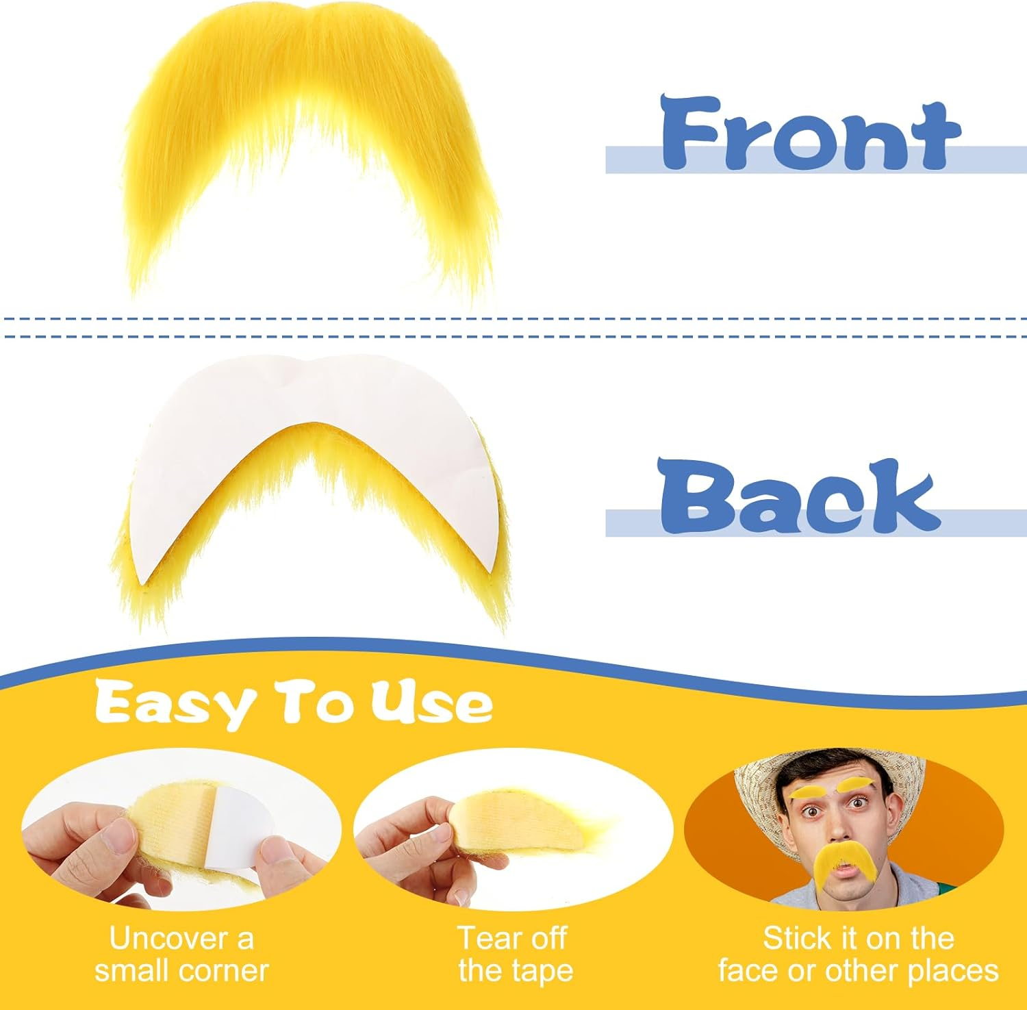 1 Set Yellow Fake Mustaches Eyebrows, Fake Beard Stick on Mustache Self Adhesive Funny Fake Mustache for Cosplay Halloween Christmas Party Favors, Perfect Novelty Accessories for Men Women Kid & Adult image number 4