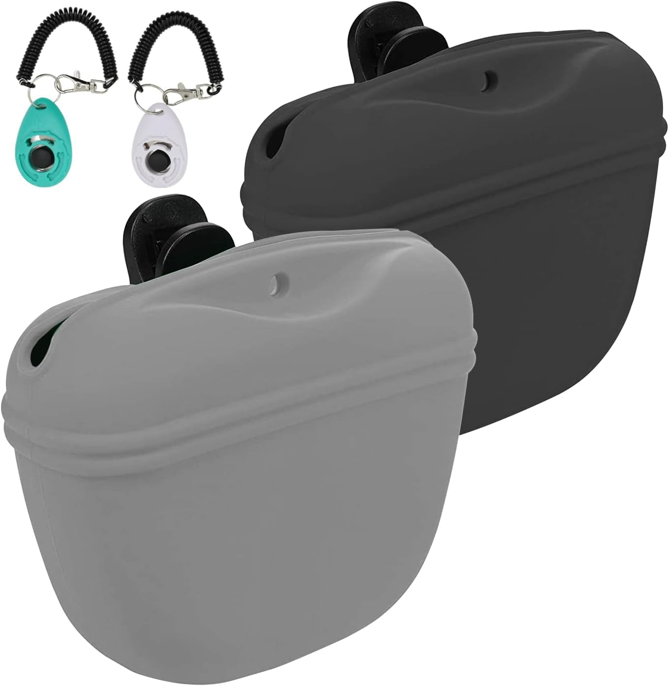 Dog Treat Pouch 2 Pack, Dog Treat Training Pouch, Silicone Pet Treat Bag BPA Free/Clip/Magnetic Dog Walk (Grey & Black)