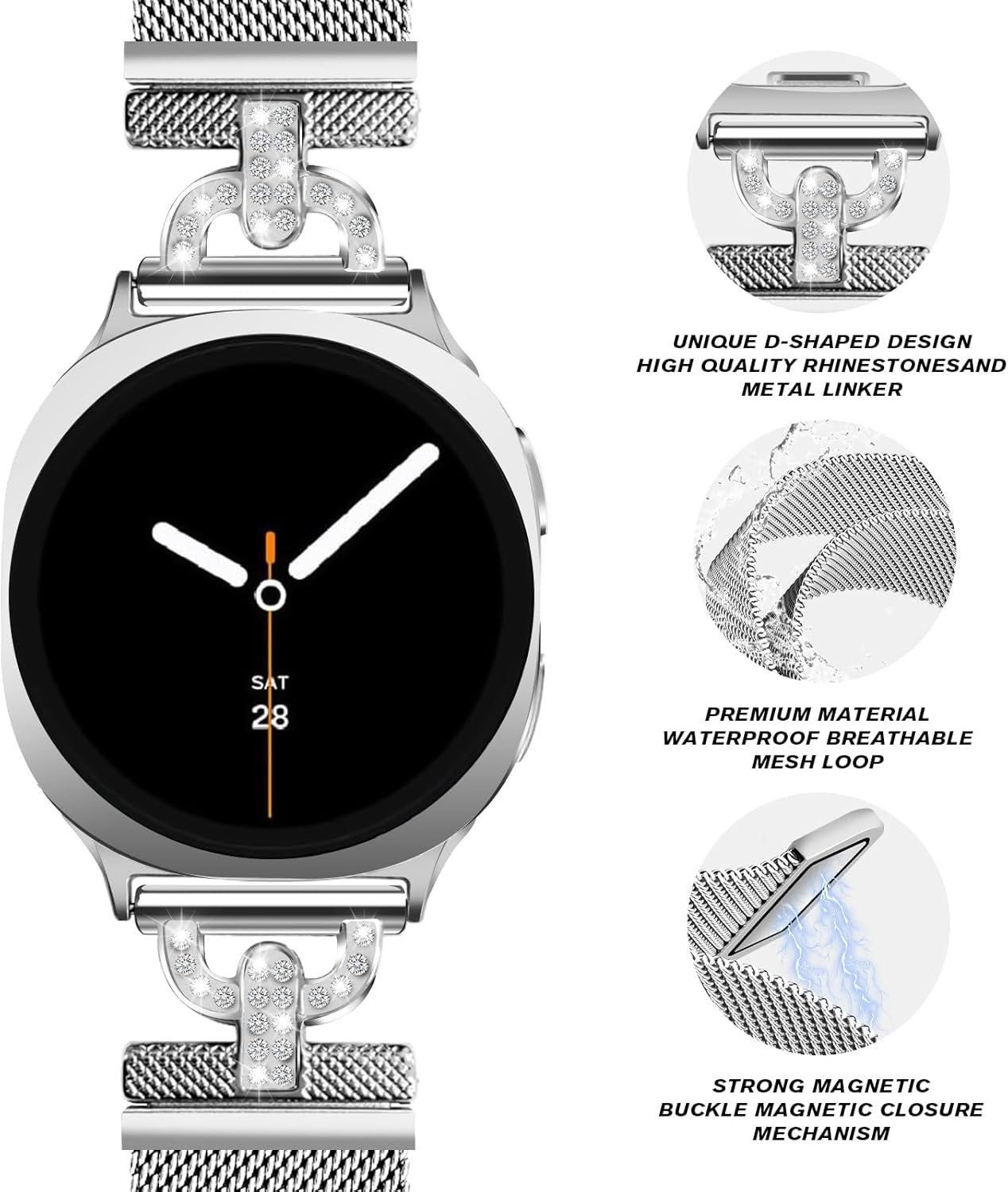 HAYONLIY Metal Magnetic Bands Compatible with Samsung Galaxy Watch 8 40Mm 44Mm/Galaxy Watch 8 Classic 46Mm, Mesh Stainless Steel Dressy Wristband with D-Shape Diamond Women(No Case) - Rose Gold image number 7