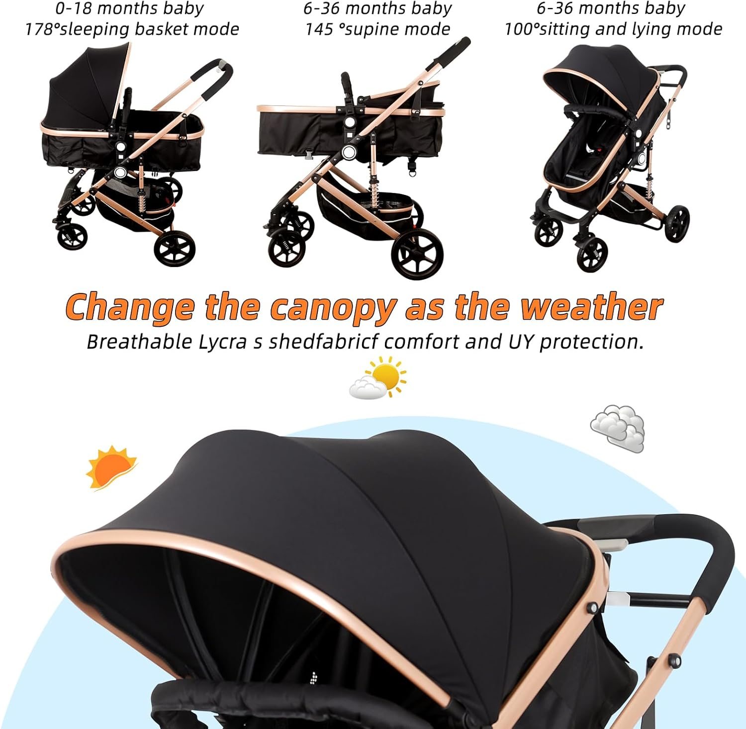 Winklestar Baby Stroller and Pram 3-In-1 Travel Pram with Bassinet, High-View Design, One-Hand Fold, 5-Point Safety Belt & Shock Absorption, 50KG Capacity, Includes Mosquito Net & Cup Holder (Black) image number 2