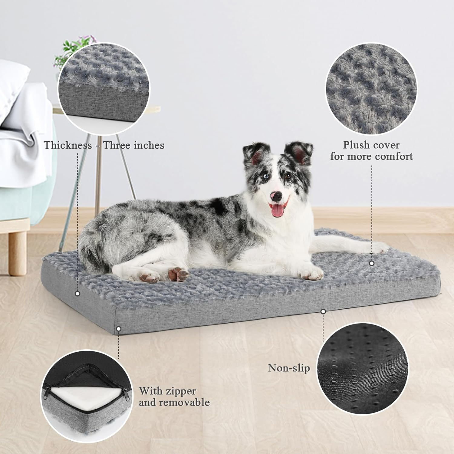 Sicilaien Dog Beds for Medium Large Dogs, Dog Crate Bed Washable Dog Bed Pad with Removeable Cover Faux Fur Surface, Orthopedic Pet Beds Dog Mattress Mat for Dogs up to 24KG, Grey, Large image number 6