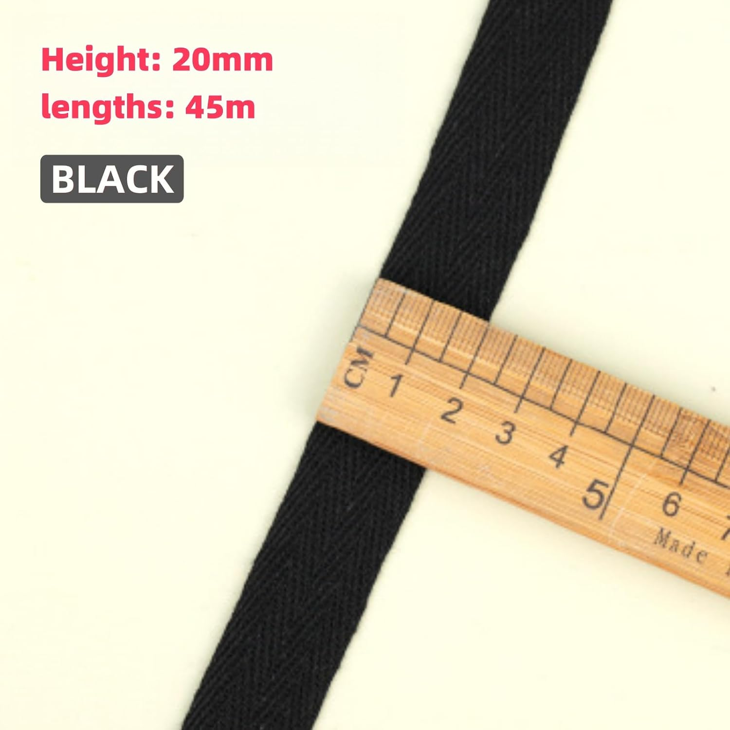 RJDJDLXM Black Cotton Herringbone Twill Tape - 45 Metre Roll, 20 Mm Wide for Sewing, Crafts and Home Decor image number 4