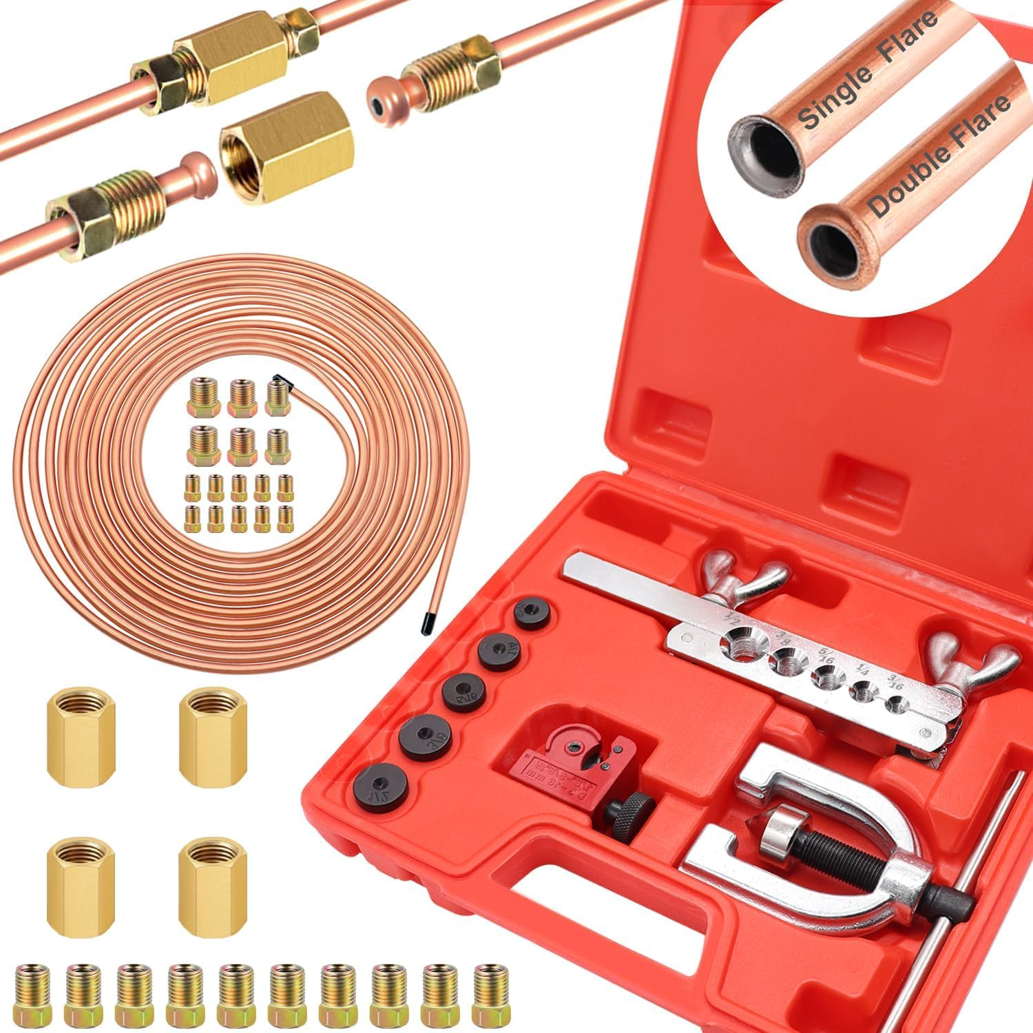 3/16 Copper Coated Brake Line Kit 25 Ft + Copper Aluminum Brake Line Double & Single Flaring Tool Kit,Consisting of 4 Unions Brake Line Fittings and 16 Fittings,45 Degrees image number 4