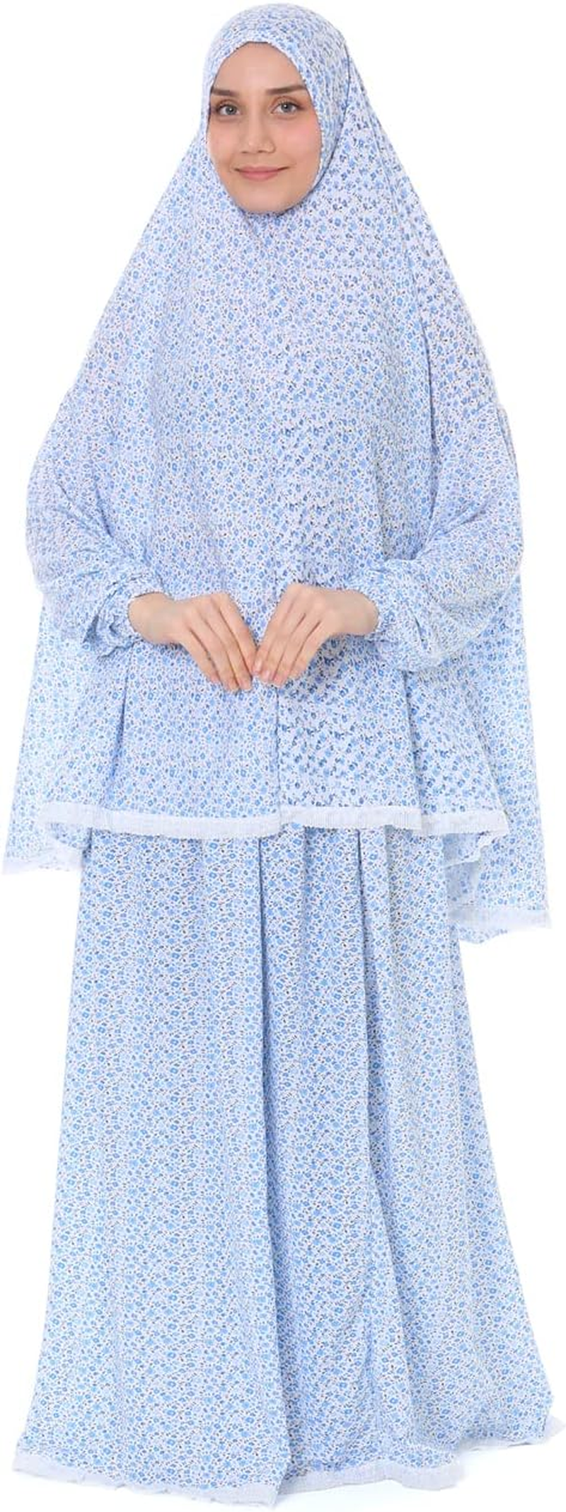 Elanesa Islamic Dress for Women Prayer Clothes for Muslim Women 2 Piece Set Maxi Skirt with Hijab and Rosary Printed Dress