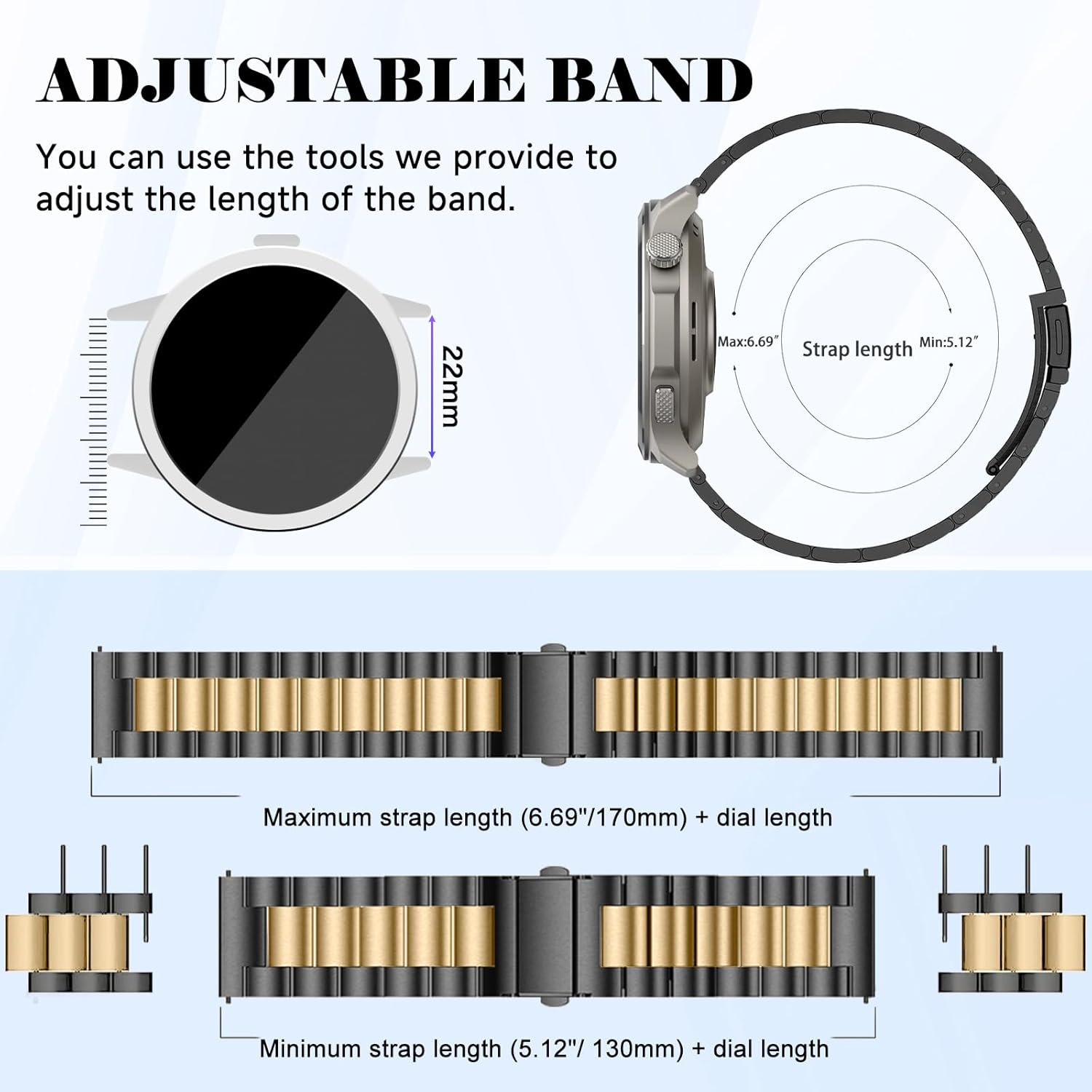 Maeiol 22 Mm Metal Bracelet for Amazfit Helio Strap/Amazfit Balance 2/Balance/Bip 6/Bip 5/5 Unity/Cheetah Pro/Gtr 4/GTR 3 Pro, Stainless Steel Business Bracelets for Men Women - Gray image number 2