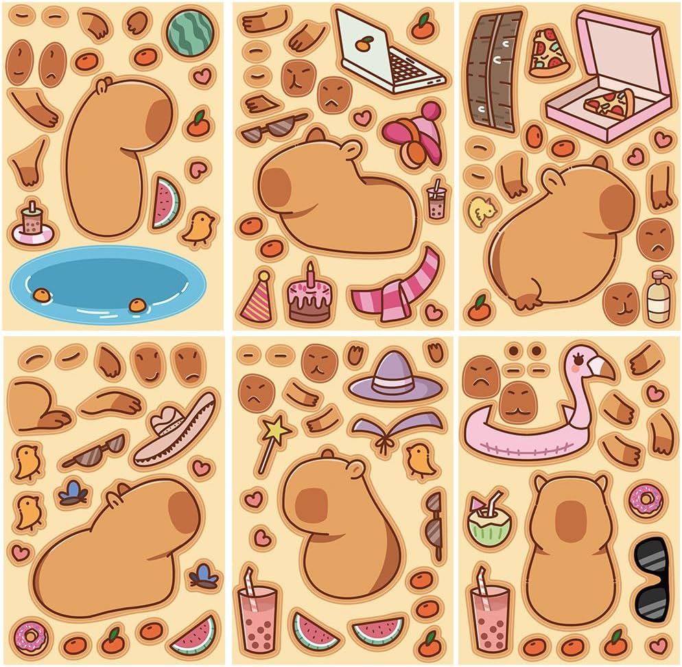 24 Sheets Make Your Own Capybara Stickers for Kids,Make a Face Stickers Make-A-Face Party Favors DIY Stickers for Children,Tear Resistant Reusable Sticker,Gift of Festival,Reward, Art Craft,School image number 4