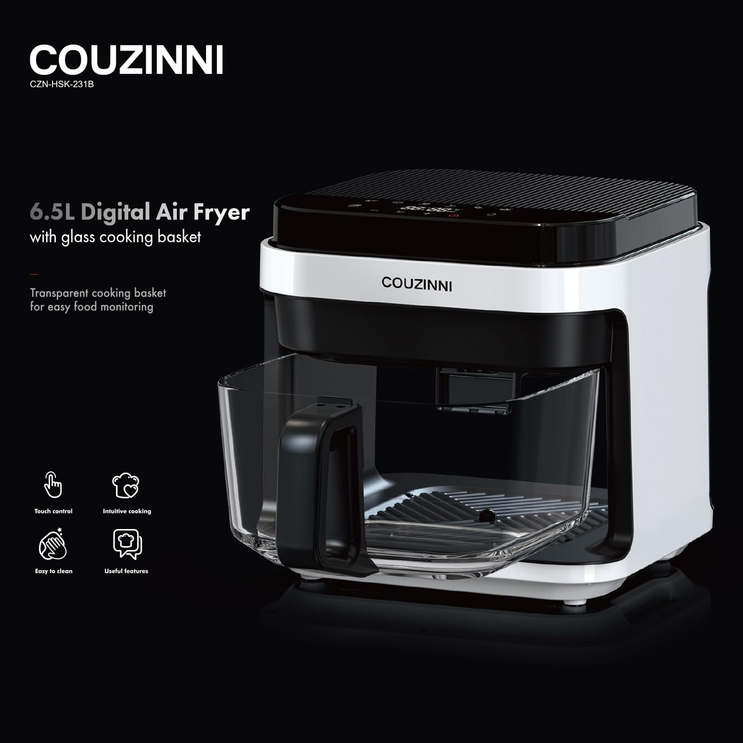 Couzinni 6.5L Glass Digital Air Fryer 1200W - 8In1 Cooker Detachable Glass Pot, Easy-To-Use Controls, Timer, Temperature Controls. Accessories: Tin Foil Bowl & Heatproof Mat. image number 6