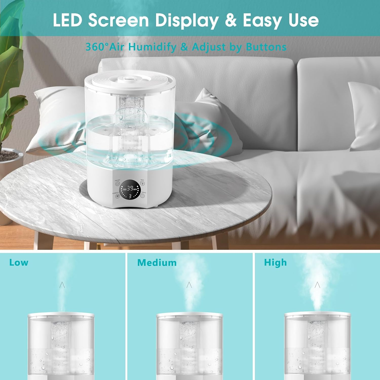 Air Humidifier with 4L Capacity, One Body Visible Water Tank, Ultrasonic Cool Mist, Add Water Above, Adjustable 360 Degree Knob, Auto Shut-Off, Digital Display, Aroma Diffuser, Low Noise Use. image number 1