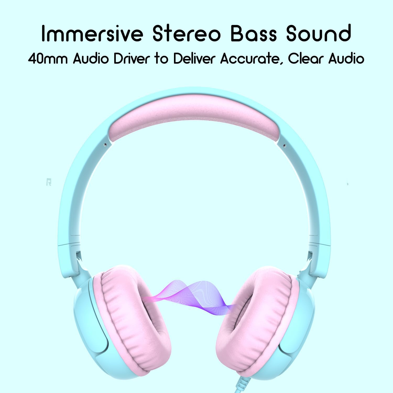 IMYB Children'S Headphones, Headphones for Children with Cable, Foldable, Stereo Sound, Safe Volume Limit, 3.5 Mm Jack, over Ear Children'S Headphones for School, Boys, Girls, Tablet, PC, Light Blue