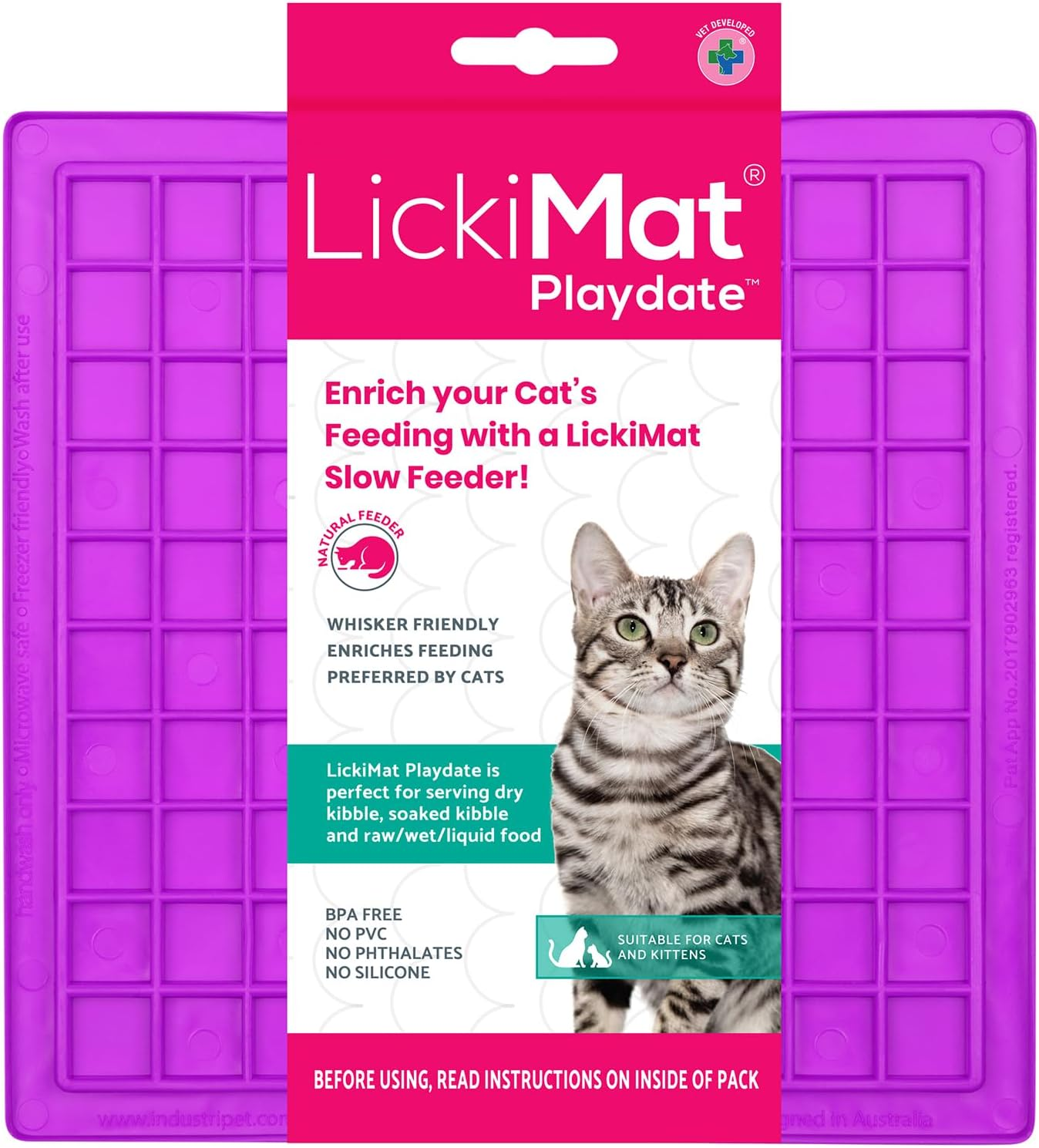 Lickimat Classic Playdate, Cat Slow Feeder for Feline Boredom and Anxiety Reduction; Perfect for Food, Treats, Yogurt, or Peanut Butter. Fun Alternative to a Slow Feed Cat Bowl or Dish, Purple image number 3