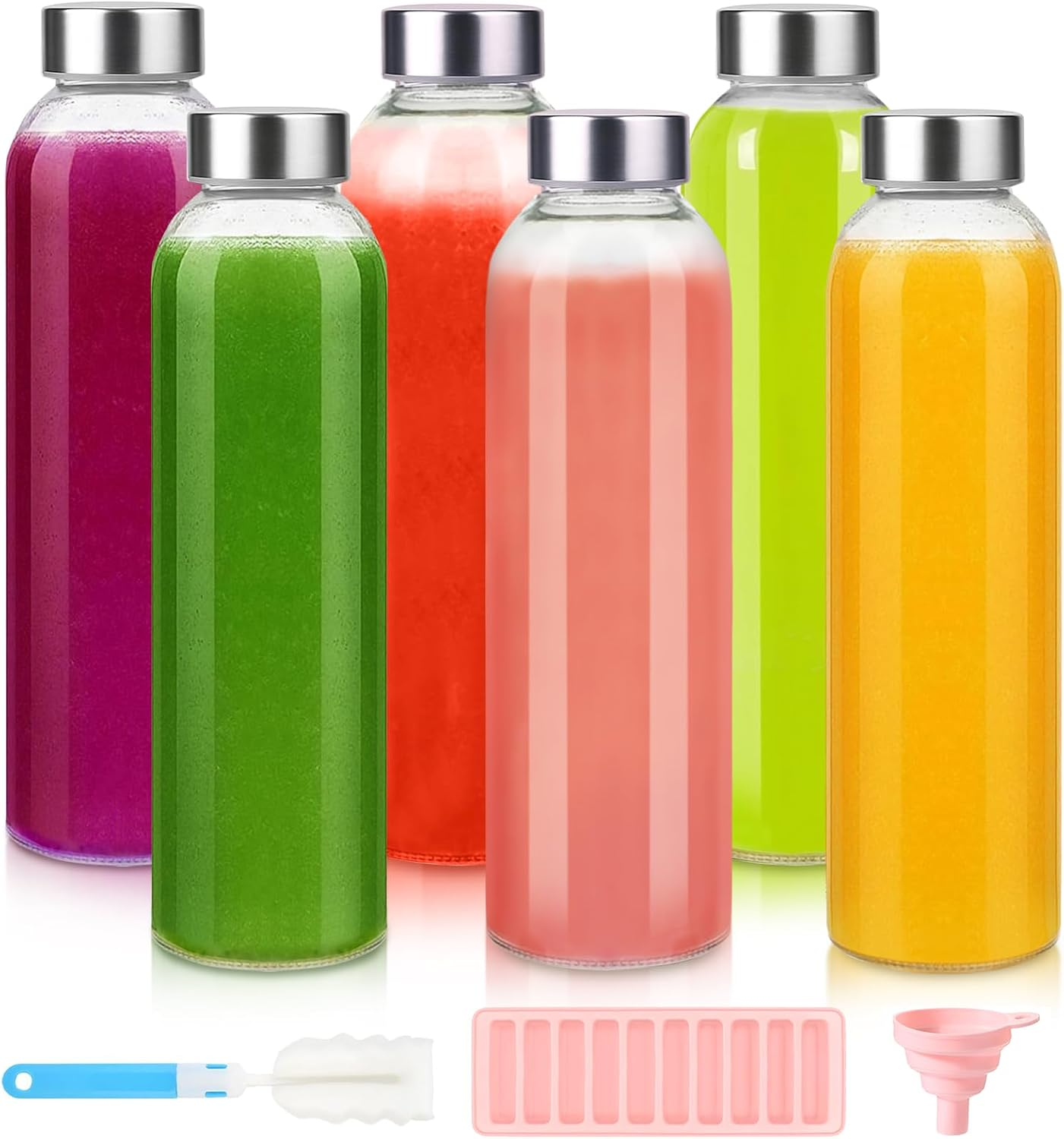 Acesvuit Glass Juice Bottles with Lids, 16Oz Glass Water Bottles, Juice Bottles for Juicing, Smoothies, Infused Water, Beverage Storage,With Stainless Steel Airtight Cap for Refrigerator (6Pcs) image number 3