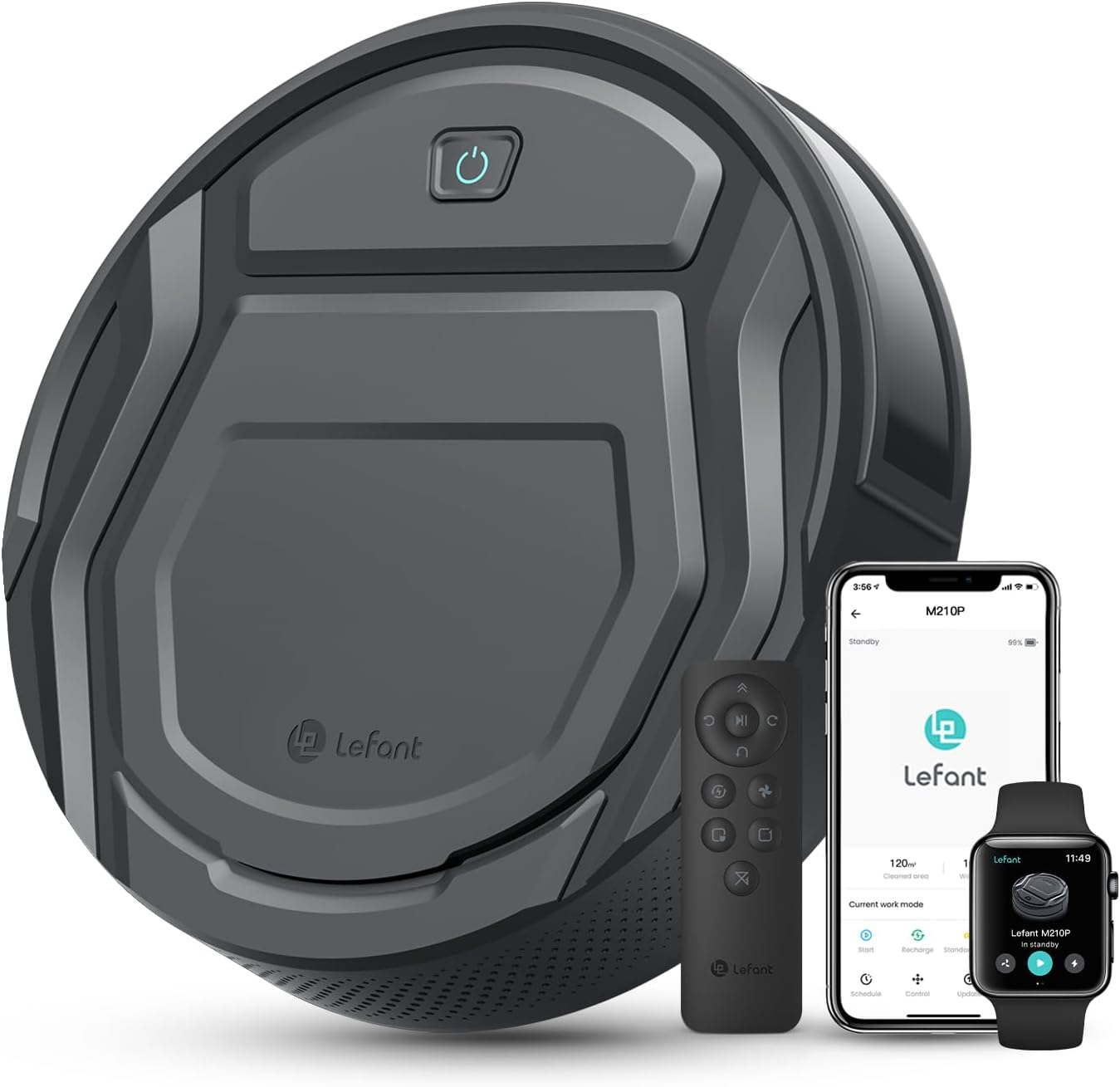 Lefant Robot Vacuum Cleaner 2200Pa, Carpet Boost, 120 Min Runtime, Tangle-Free Design, Slim, Quiet, App/Alexa/I Watch, 6 Cleaning Modes, Ideal for Carpets and Hard Floors, M210 Pro Grey with Remote