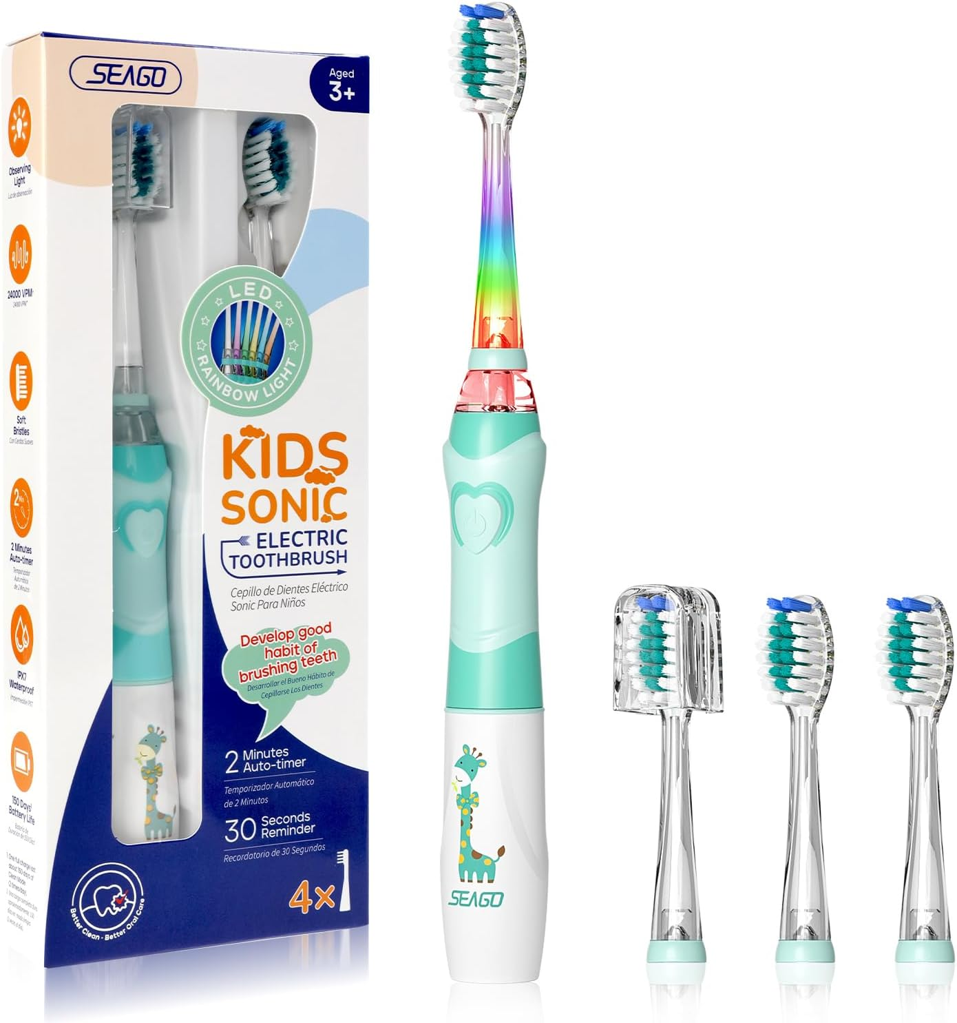 Kids Electric Toothbrush Sonic Toothbrush, Soft Battery Powered Tooth Brush with Smart Timer,Waterproof Replaceable Deep Clean for Kids(Age of 3+)，Travel Toothbrush by SEAGO Sg977(Green) image number 5