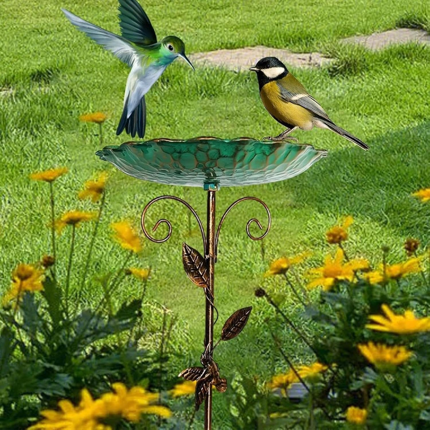 Metal Garden Birdbath Bowl - Standing Bird Feeders for Outside, Vintage Freestanding Birdbaths & Supports, with 5 Prongs Base Stake, Detachable Decoration Spa Birdfeeder, for Garden Patio Yard Lawn