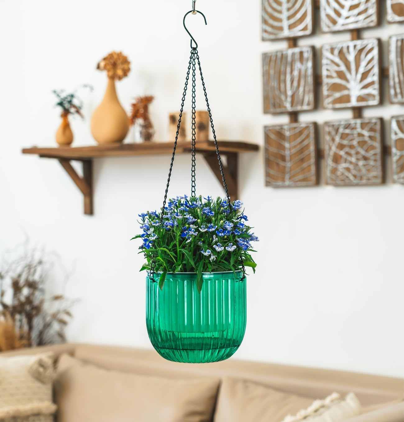 Melphoe 2 Pack Self Watering Hanging Planters Indoor Hanging Flower Pots, 6.5 Inch Outdoor Hanging Plant Pot Basket, Plant Hanger with 3Hooks Drainage Holes for Garden Home Emerald+White - Emerald+White image number 2