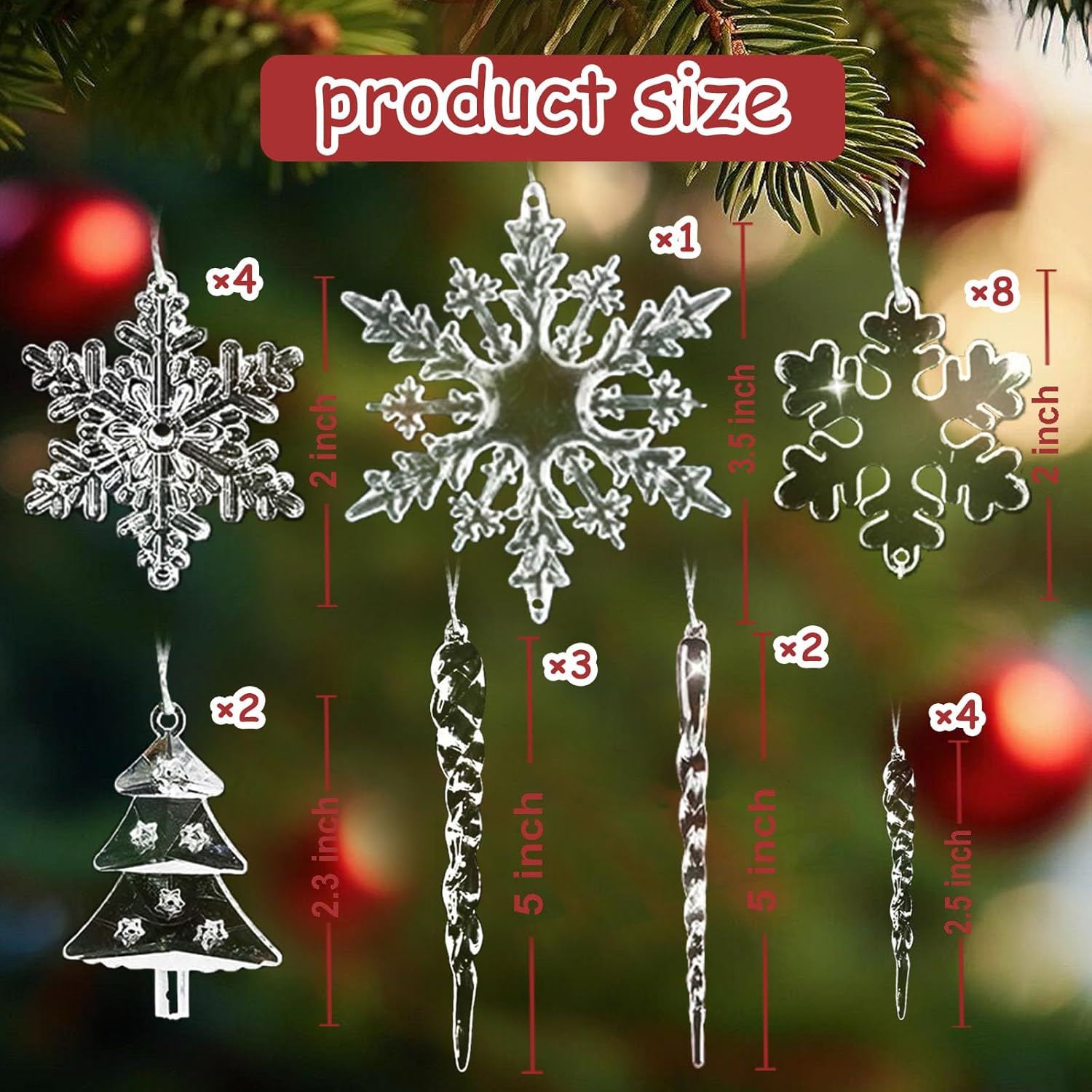 24Pcs Crystal Christmas Tree Ornaments, Decorations Hanging Acrylic Snowflake and Icicle Ornaments with Drop Pendants for Christmas Tree Party Decorations，Winter Wonderland