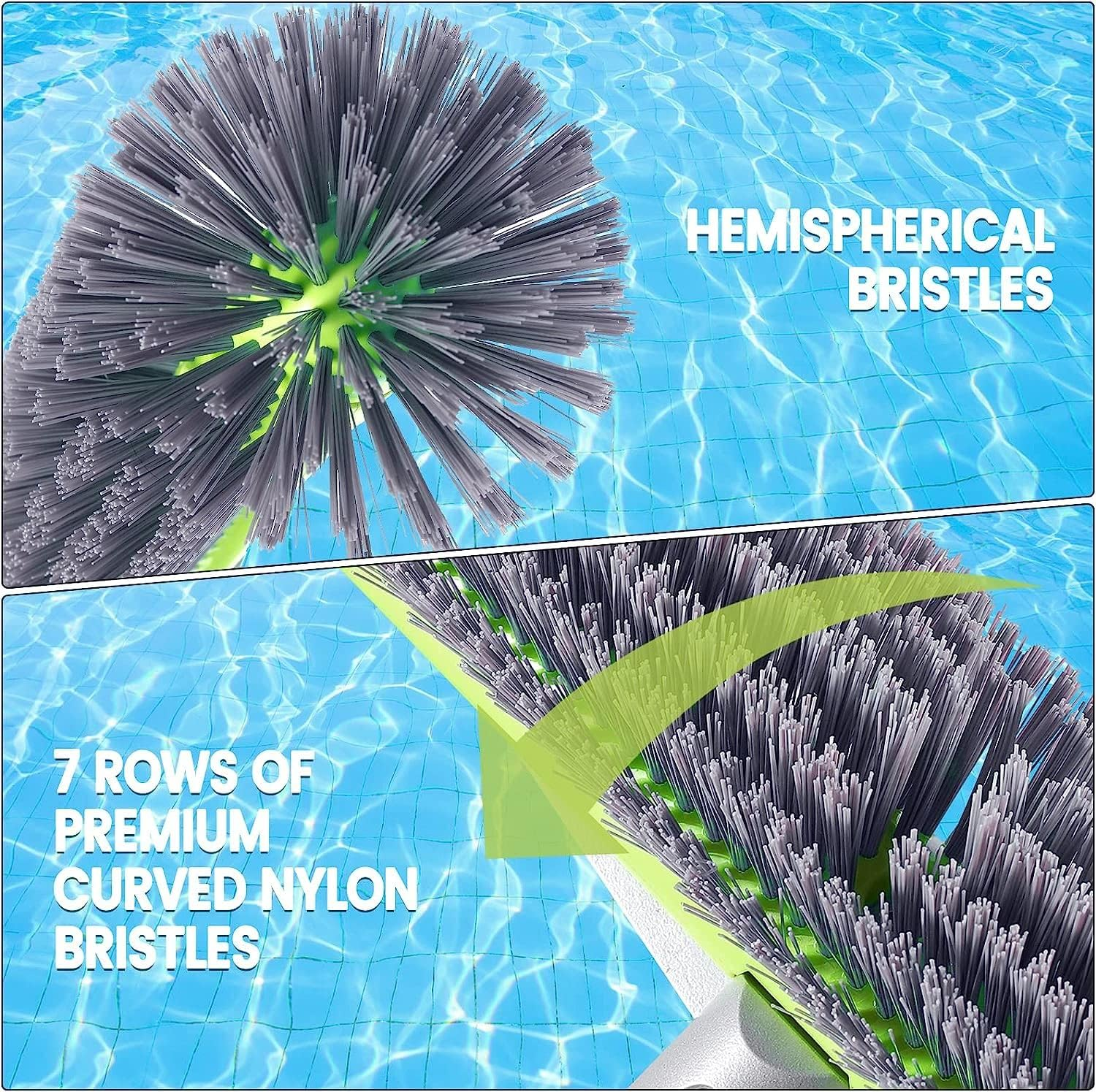 Professional Swimming Pool Brush Head with round Ends,17.5" Heavy Duty Aluminum Back for Cleaning Pool Walls, 7 Rows Premium Nylon Bristles with EZ Clips (Green Grey) - Green Grey image number 5