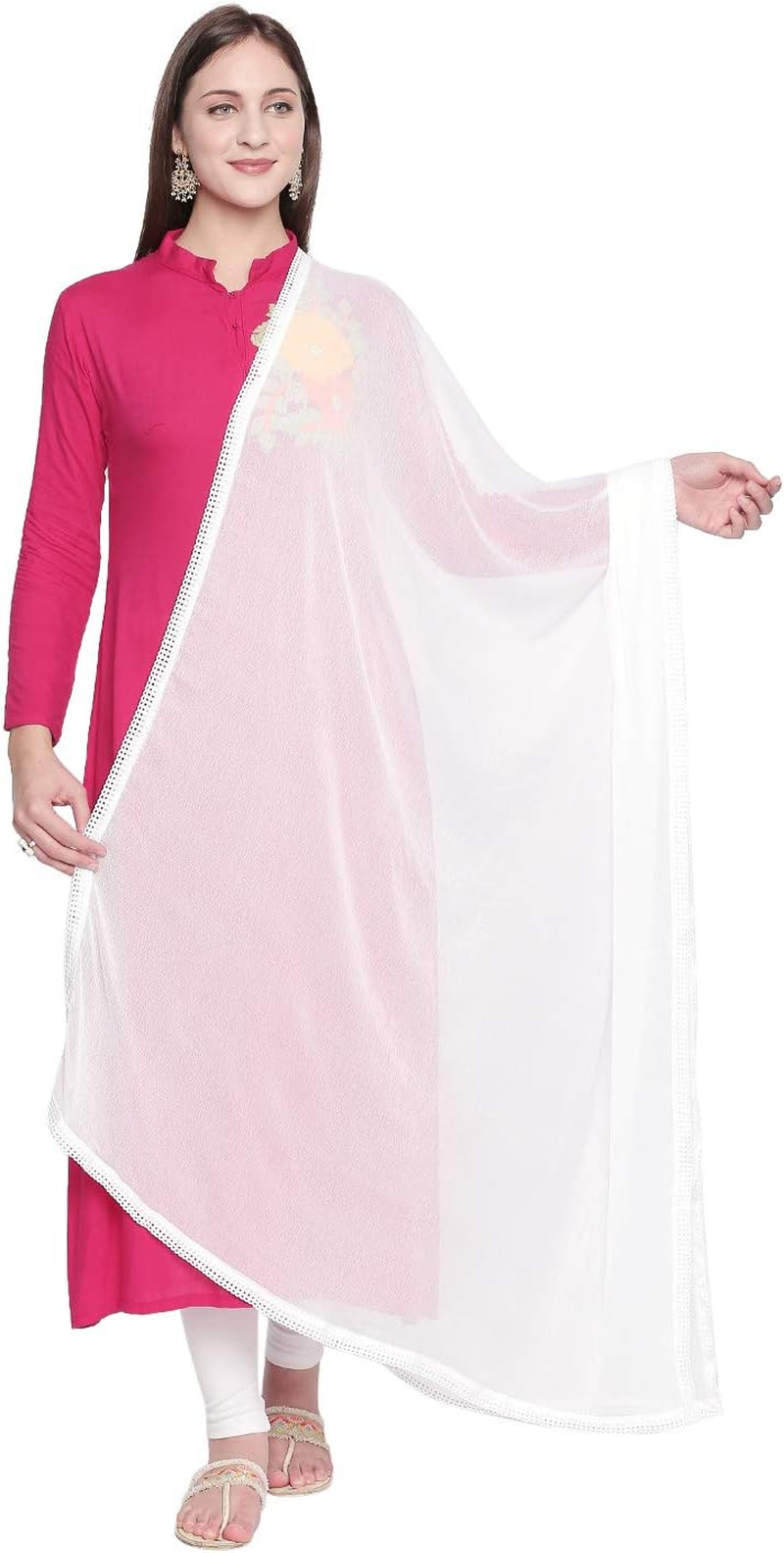 DUPATTA BAZAAR Woman'S Plain Chiffon Dupatta with Border Lace