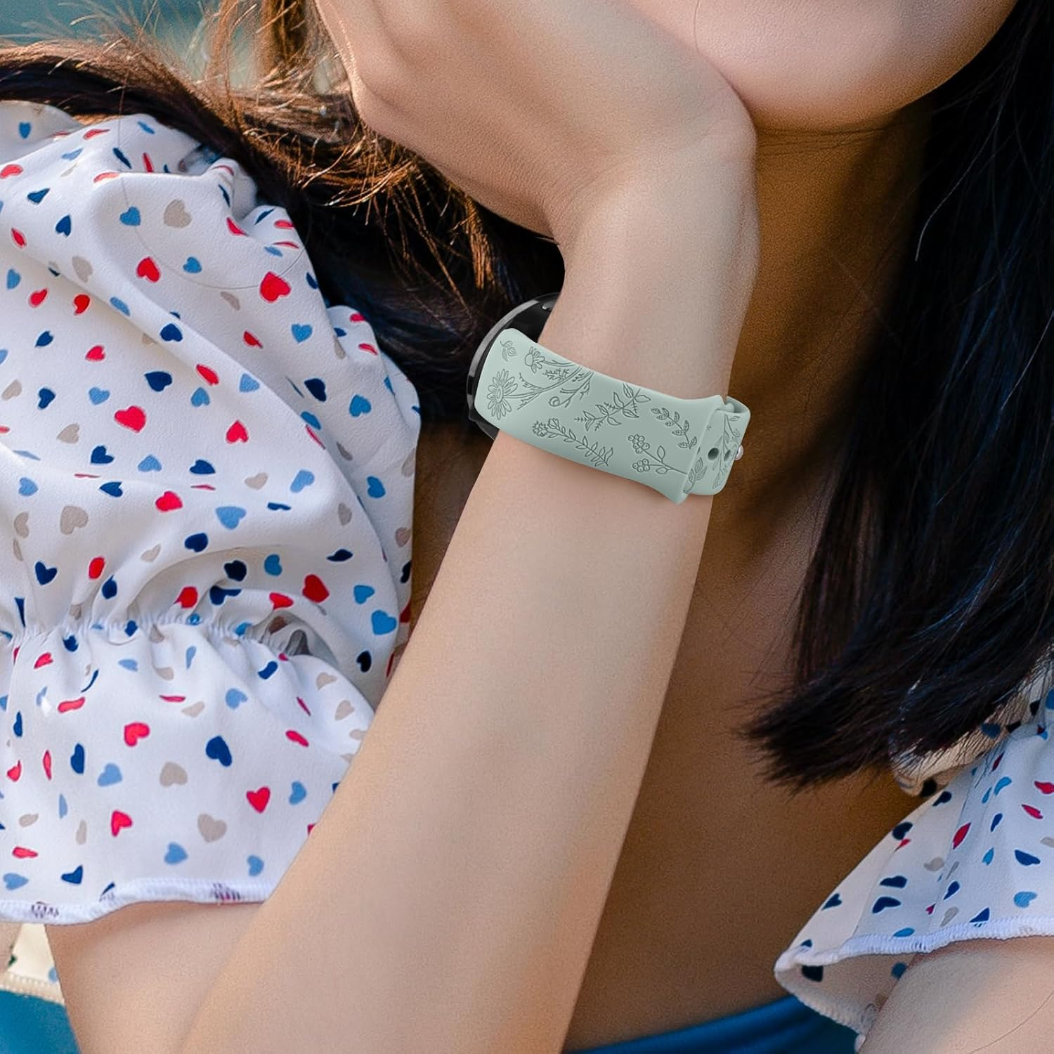 Floral Engraved Bands Compatible with Garmin Vivoactive 6/Vivoactive 5/3/3 Music,20Mm Soft Silicone Flower Pattern Sport Replacement Bands for Garmin Venu Sq/Venu Sq 2/Venu/Forerunner 165/55/245/245 - Black/Blue Gray/Olive Green image number 2